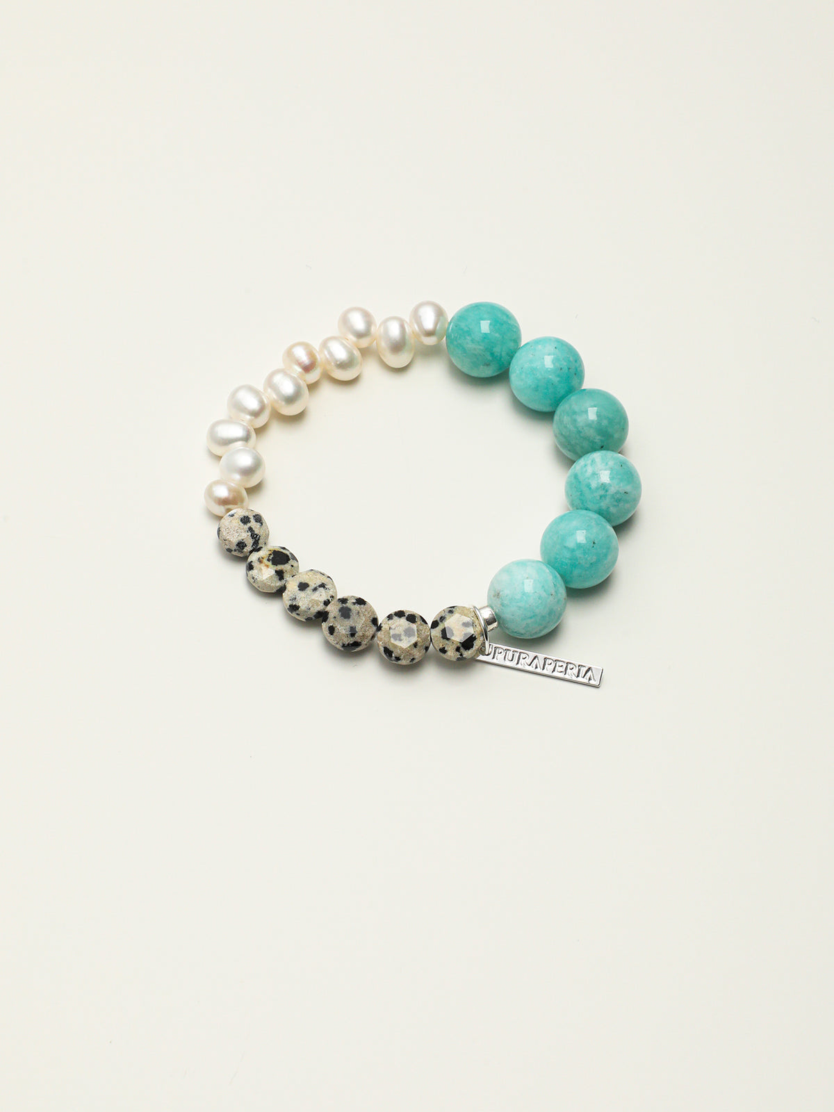 Blue Speckled Stone Bracelet — amazonite round bead, seedless rice pearls, speckled round disc | SENLORE