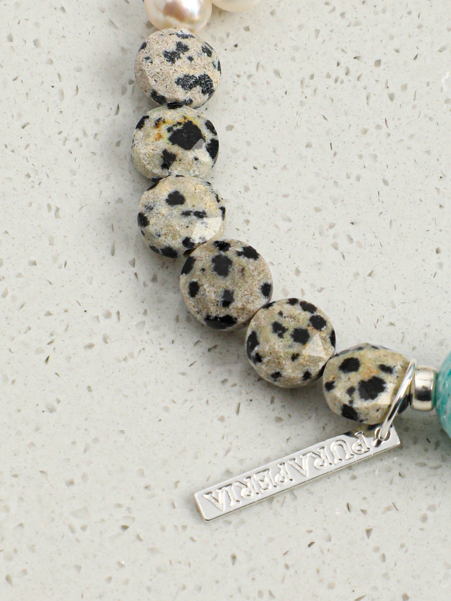 Blue Speckled Stone Bracelet — amazonite round bead, seedless rice pearls, speckled round disc | SENLORE
