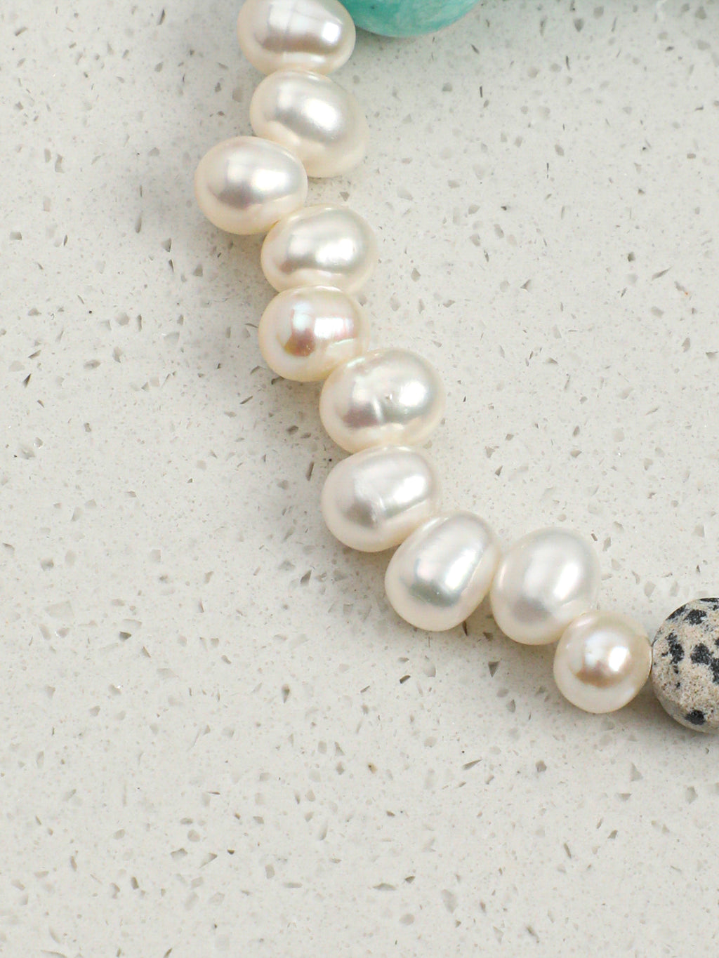 Blue Speckled Stone Bracelet — amazonite round bead, seedless rice pearls, speckled round disc | SENLORE