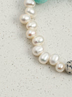 Blue Speckled Stone Bracelet — amazonite round bead, seedless rice pearls, speckled round disc | SENLORE