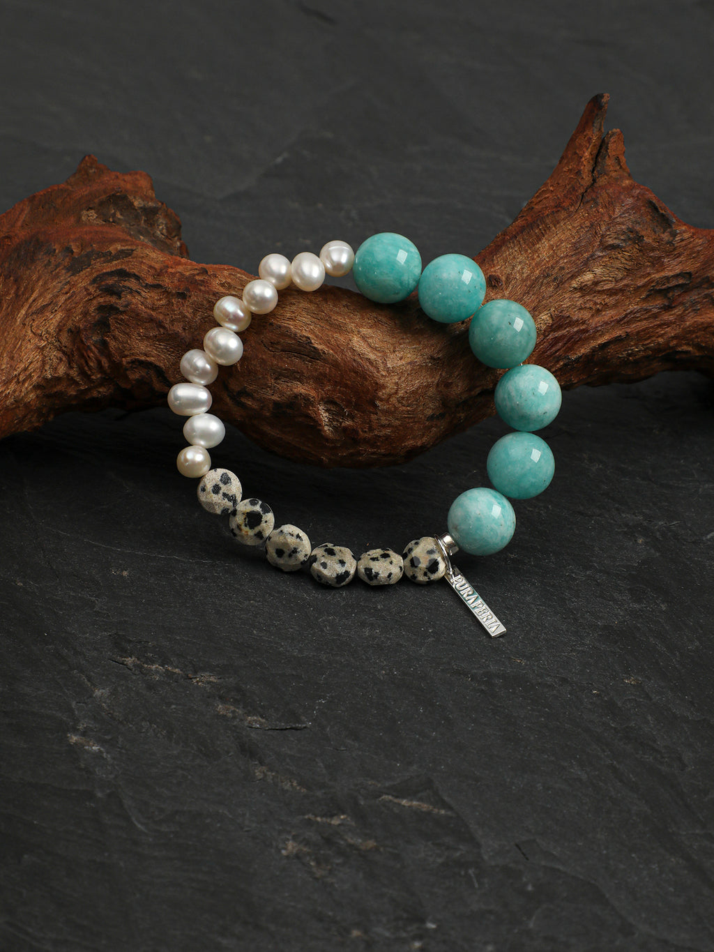 Blue Speckled Stone Bracelet — amazonite round bead, seedless rice pearls, speckled round disc | SENLORE