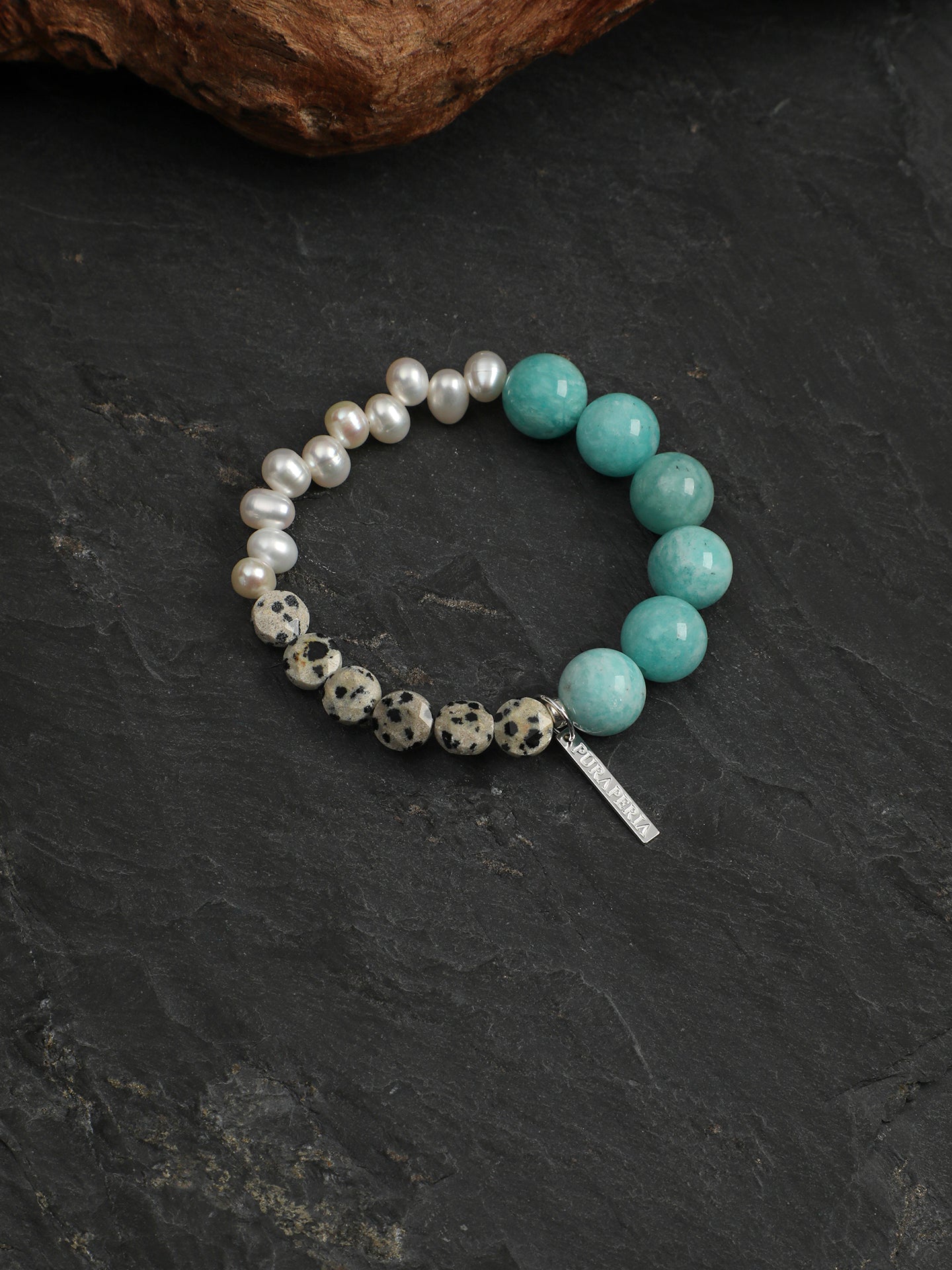 Blue Speckled Stone Bracelet — amazonite round bead, seedless rice pearls, speckled round disc | SENLORE