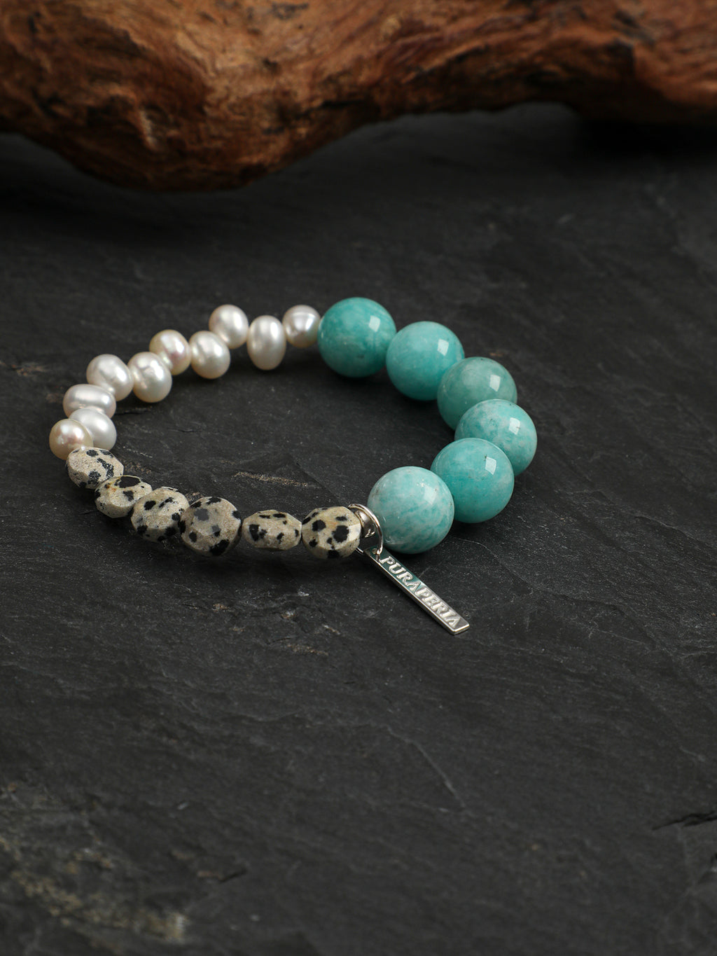 Blue Speckled Stone Bracelet — amazonite round bead, seedless rice pearls, speckled round disc | SENLORE