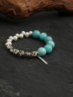 Blue Speckled Stone Bracelet — amazonite round bead, seedless rice pearls, speckled round disc | SENLORE