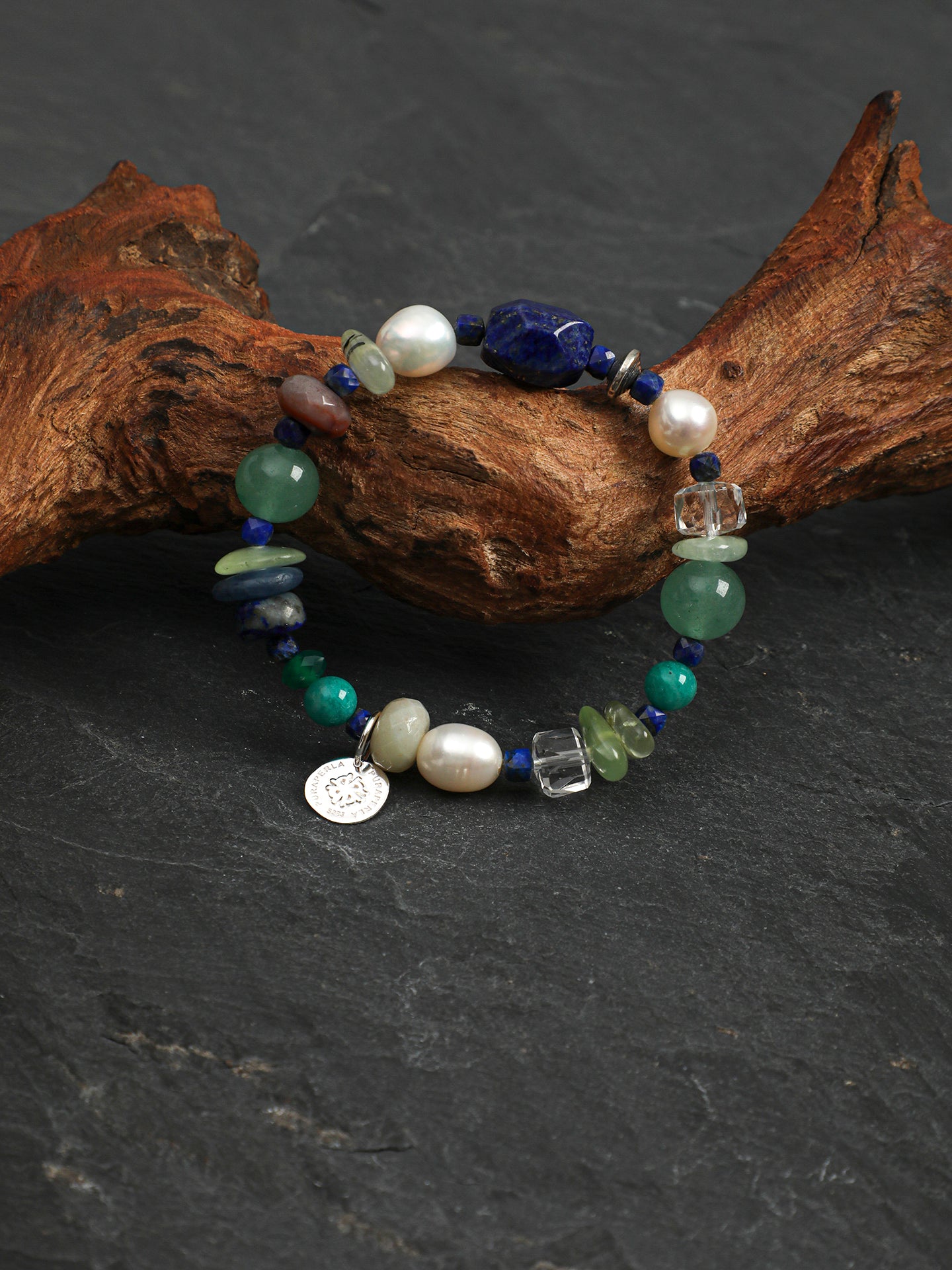 Green Mood Crystal Bracelet — amazonite round bead, disc-cut green agate, lapis lazuli cube | SENLORE