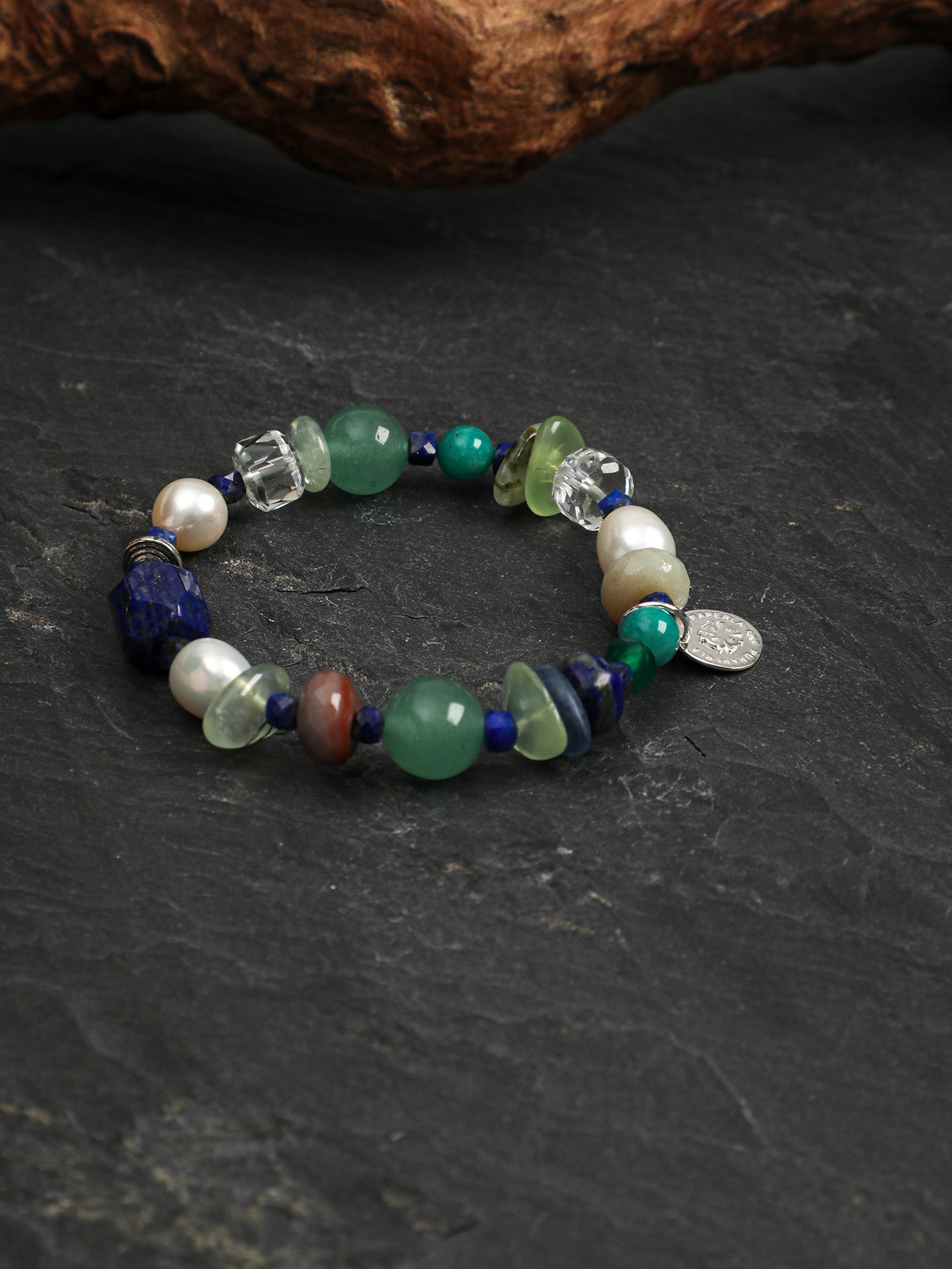 Green Mood Crystal Bracelet — amazonite round bead, disc-cut green agate, lapis lazuli cube | SENLORE