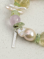 Monet's Garden Crystal Bracelet — prehnite chips, amethyst round bead, center-drilled toothpick baroque pearl | SENLORE