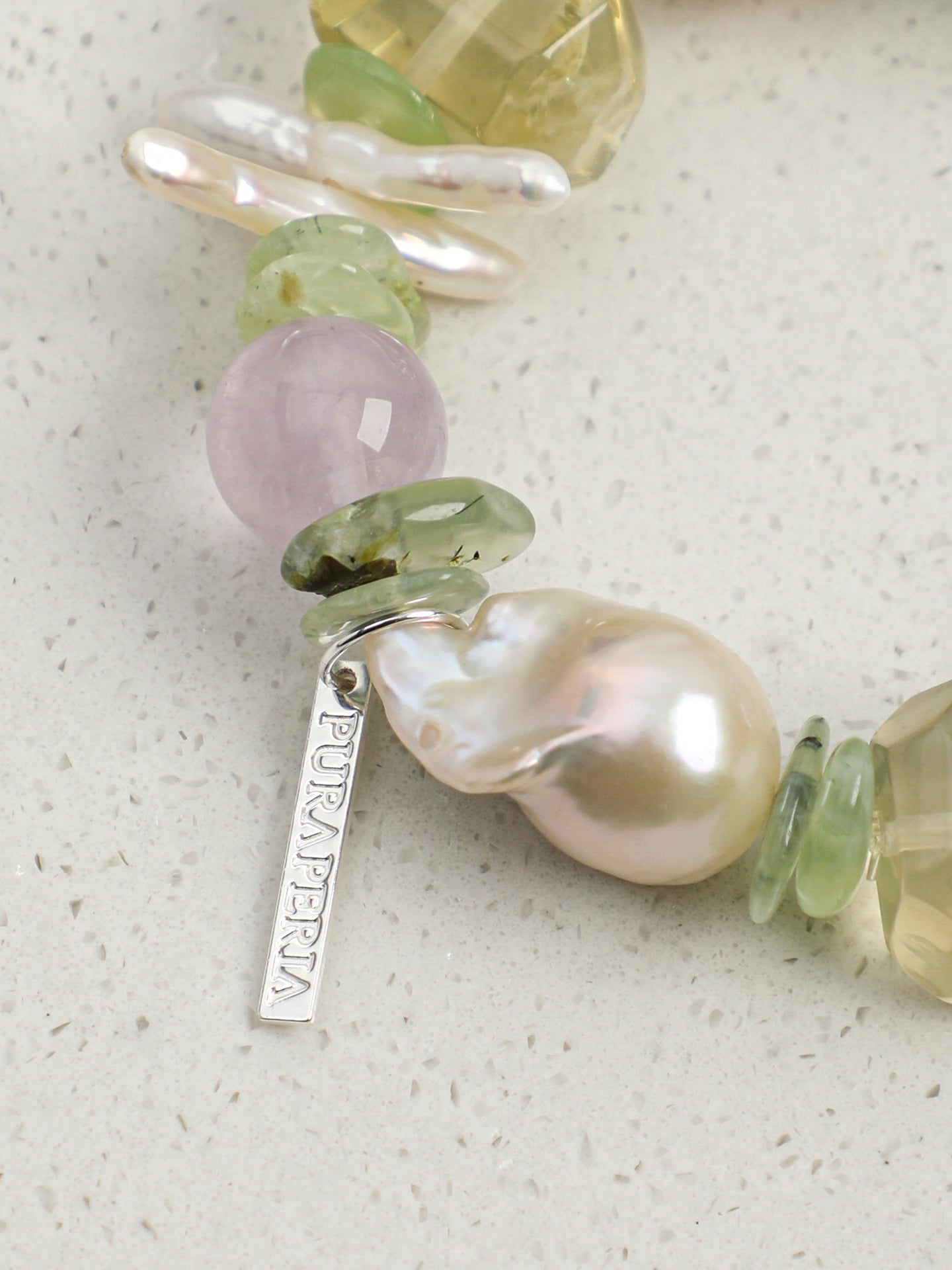 Monet's Garden Crystal Bracelet — prehnite chips, amethyst round bead, center-drilled toothpick baroque pearl | SENLORE