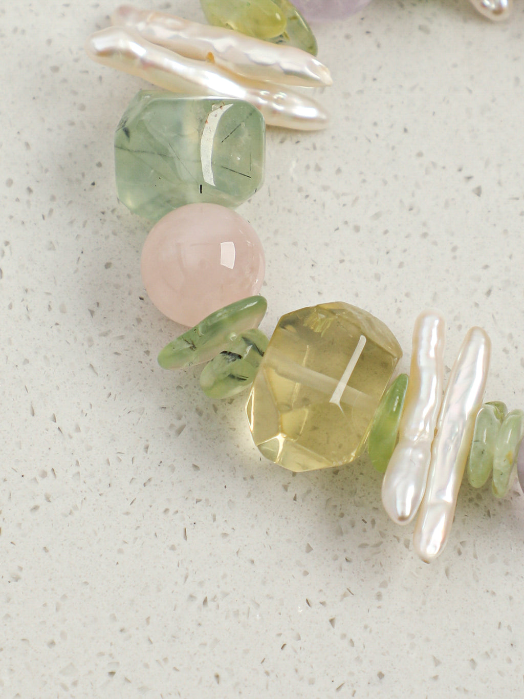 Monet's Garden Crystal Bracelet — prehnite chips, amethyst round bead, center-drilled toothpick baroque pearl | SENLORE