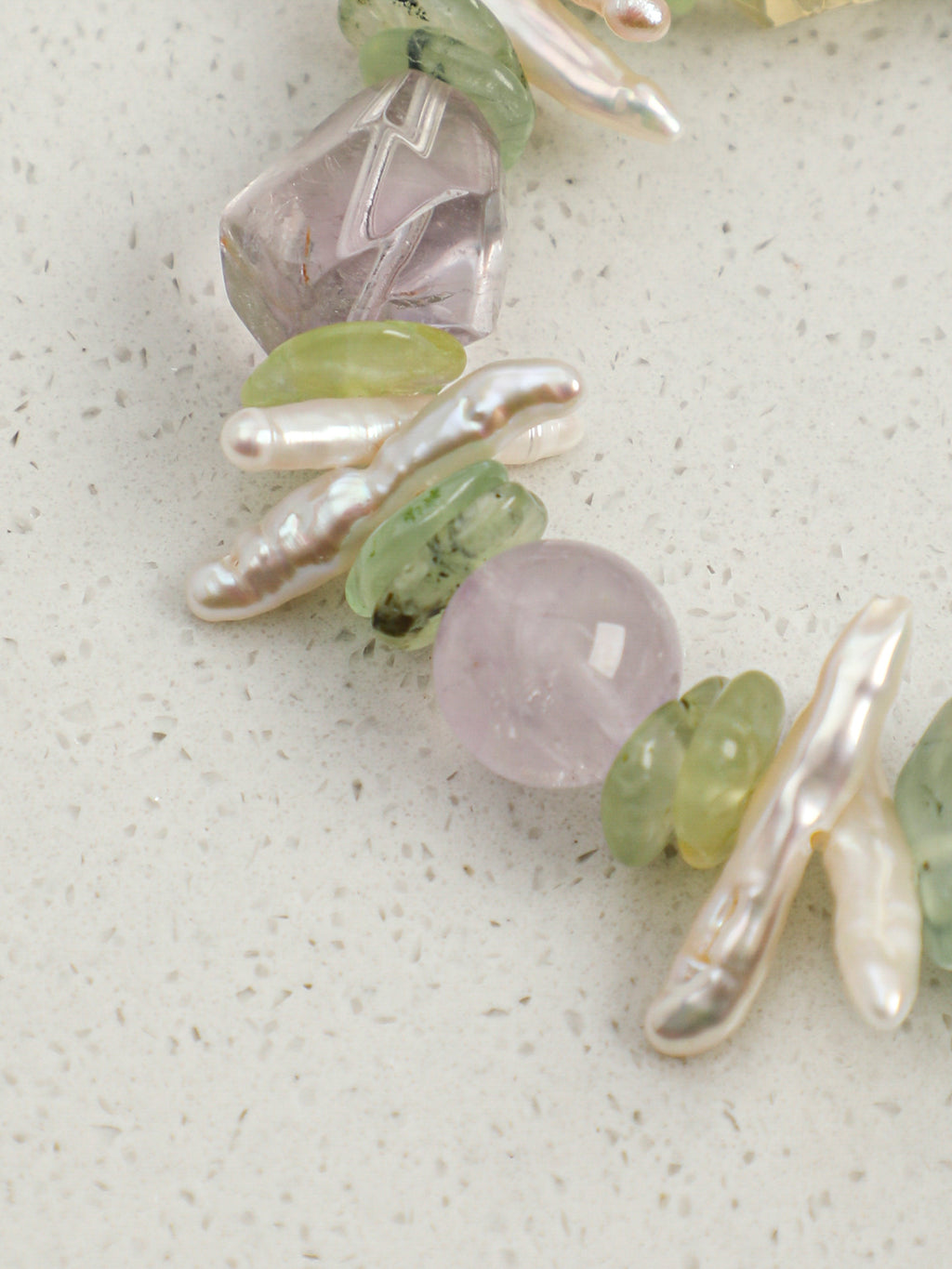 Monet's Garden Crystal Bracelet — prehnite chips, amethyst round bead, center-drilled toothpick baroque pearl | SENLORE