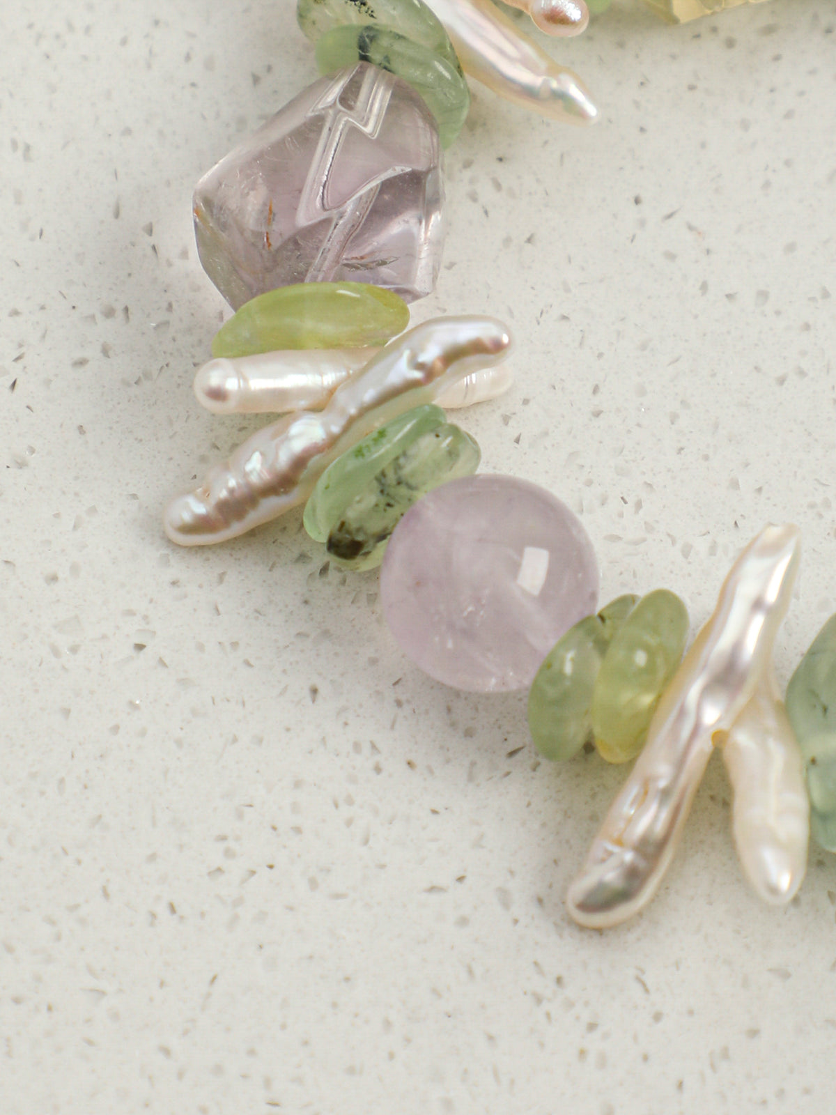 Monet's Garden Crystal Bracelet — prehnite chips, amethyst round bead, center-drilled toothpick baroque pearl | SENLORE