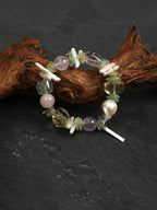 Monet's Garden Crystal Bracelet — prehnite chips, amethyst round bead, center-drilled toothpick baroque pearl | SENLORE
