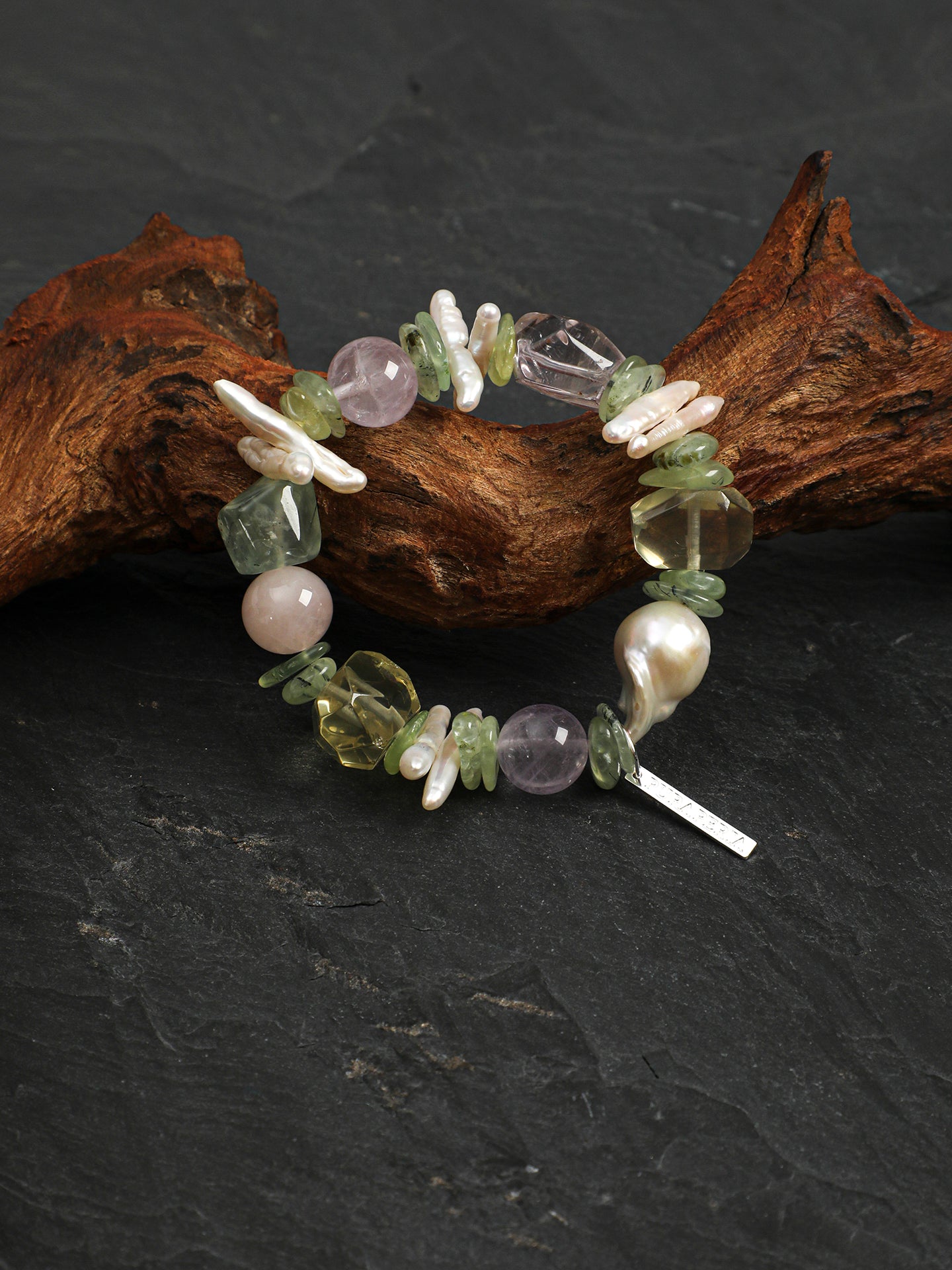 Monet's Garden Crystal Bracelet — prehnite chips, amethyst round bead, center-drilled toothpick baroque pearl | SENLORE