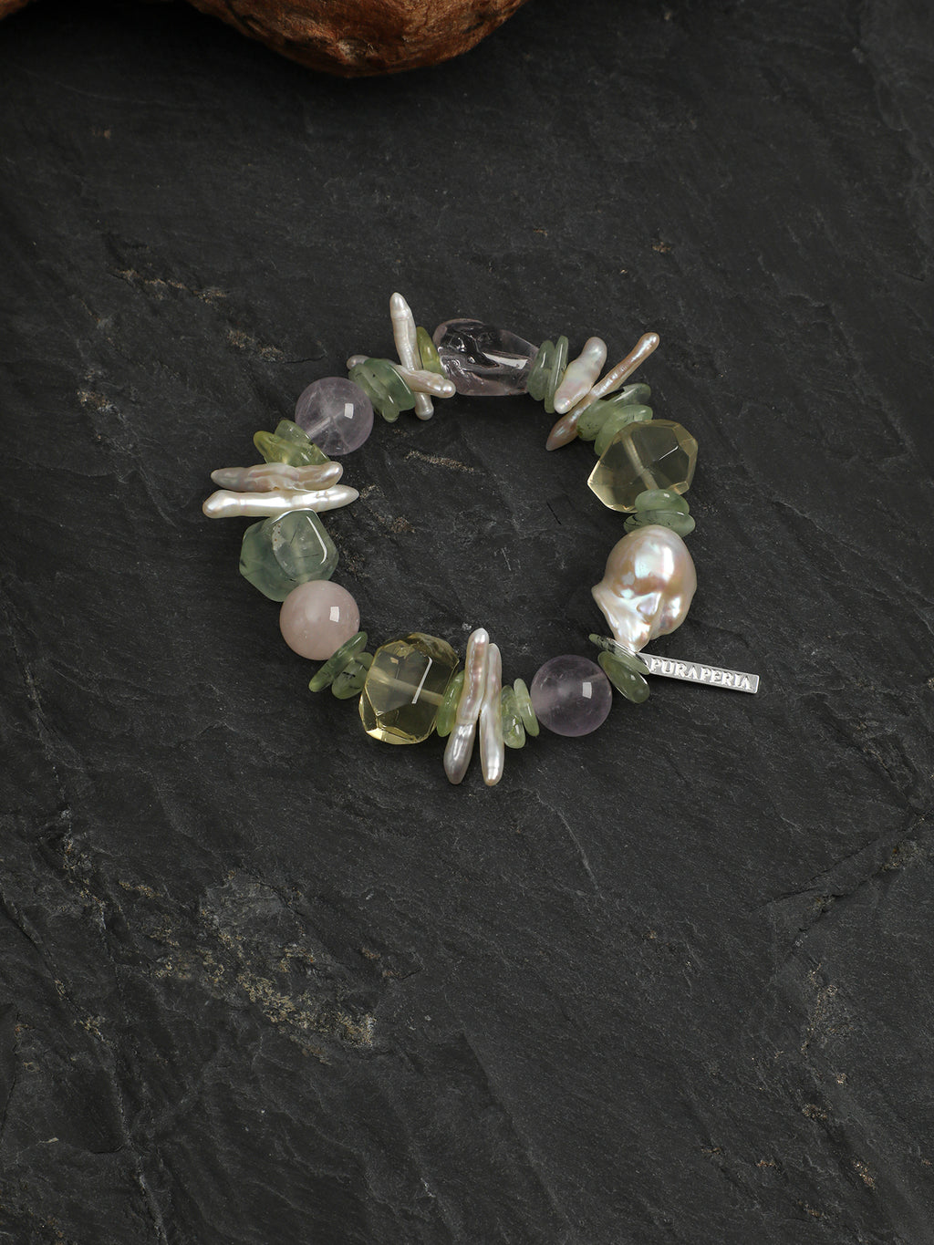 Monet's Garden Crystal Bracelet — prehnite chips, amethyst round bead, center-drilled toothpick baroque pearl | SENLORE