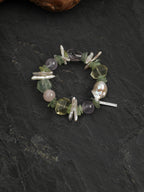Monet's Garden Crystal Bracelet — prehnite chips, amethyst round bead, center-drilled toothpick baroque pearl | SENLORE