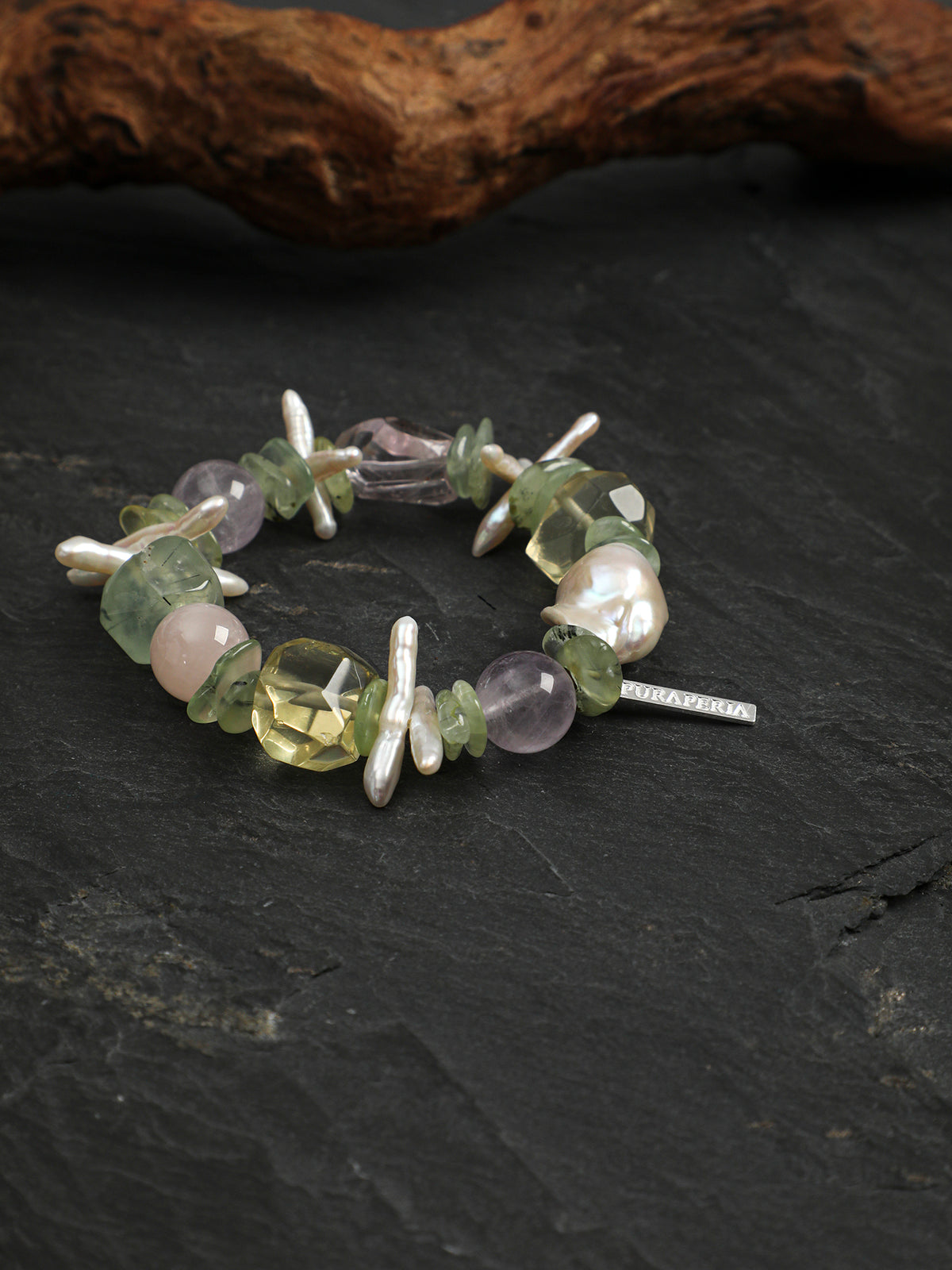 Monet's Garden Crystal Bracelet — prehnite chips, amethyst round bead, center-drilled toothpick baroque pearl | SENLORE