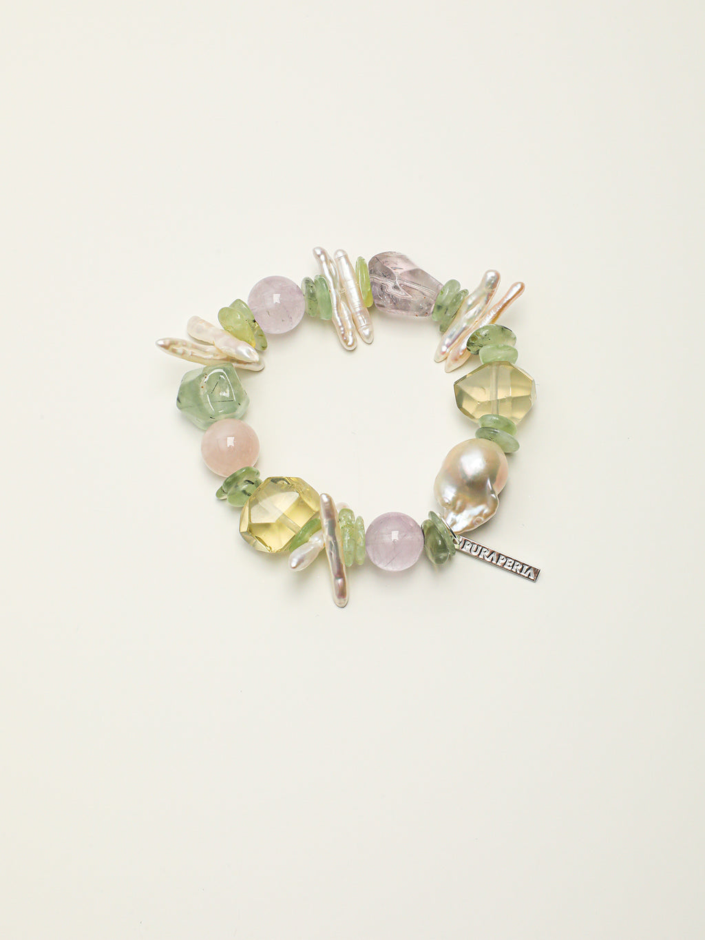 Monet's Garden Crystal Bracelet — prehnite chips, amethyst round bead, center-drilled toothpick baroque pearl | SENLORE