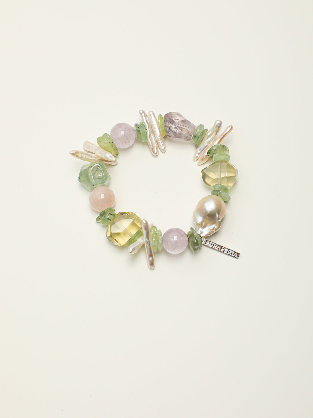 Monet's Garden Crystal Bracelet — prehnite chips, amethyst round bead, center-drilled toothpick baroque pearl | SENLORE