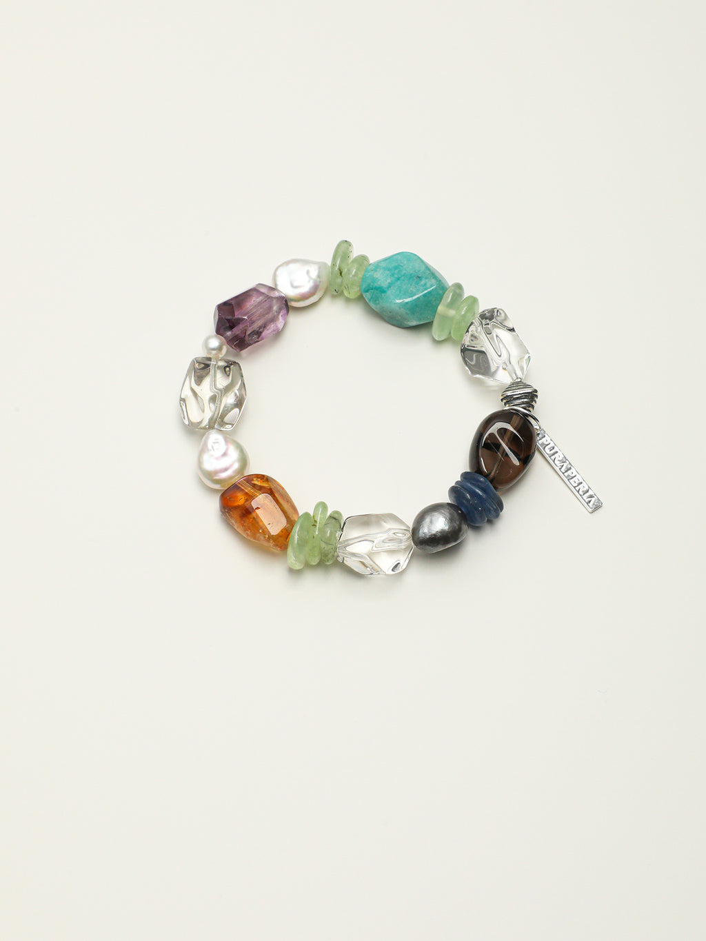 Color-Block Candy Crystal Bracelet — dynamic teardrop smoky quartz, blue crystal chips, grey baroque pearl | SENLORE