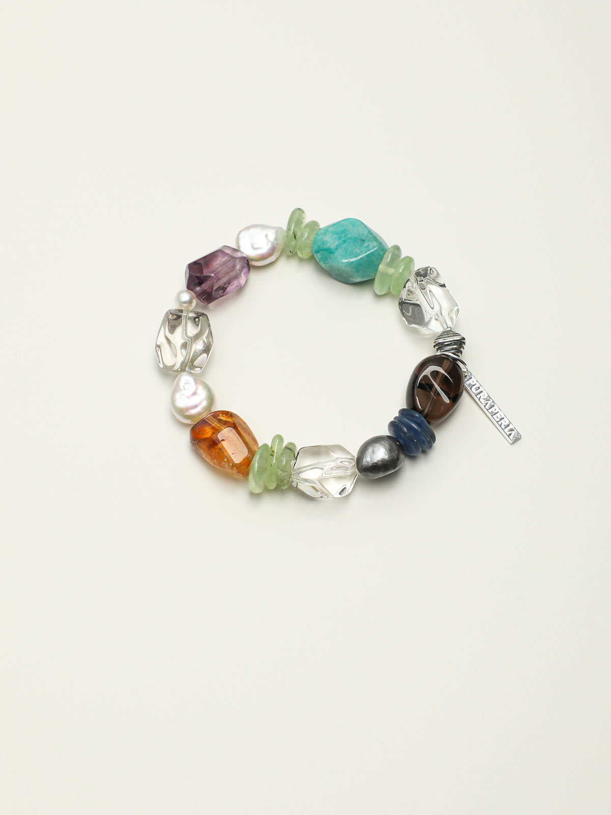 Color-Block Candy Crystal Bracelet — dynamic teardrop smoky quartz, blue crystal chips, grey baroque pearl | SENLORE