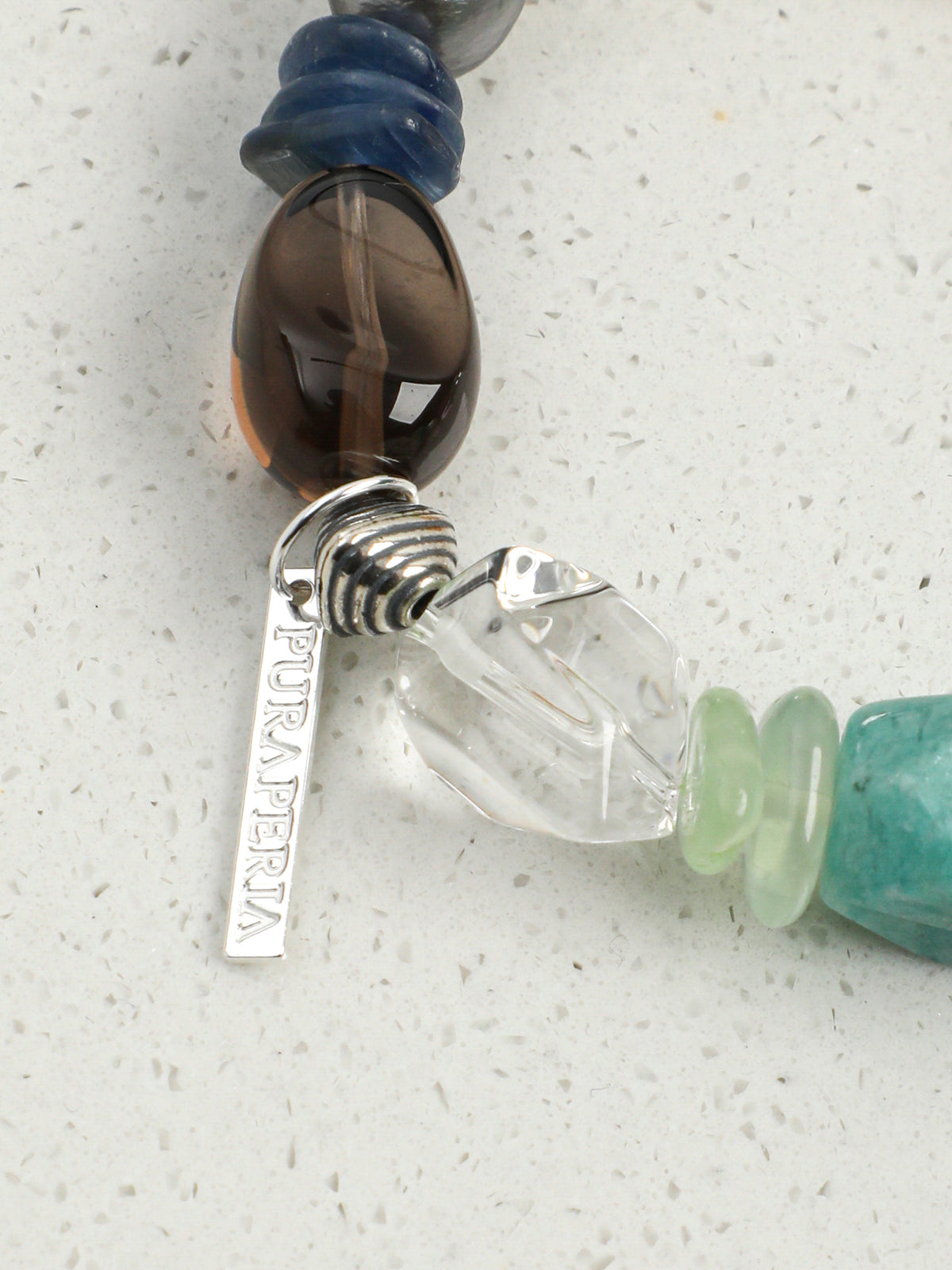 Color-Block Candy Crystal Bracelet — dynamic teardrop smoky quartz, blue crystal chips, grey baroque pearl | SENLORE