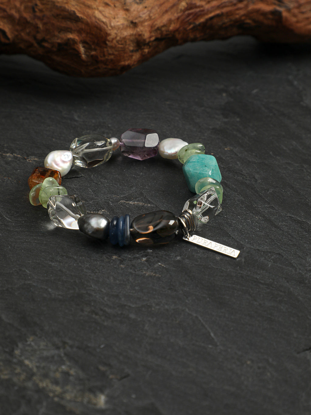 Color-Block Candy Crystal Bracelet — dynamic teardrop smoky quartz, blue crystal chips, grey baroque pearl | SENLORE