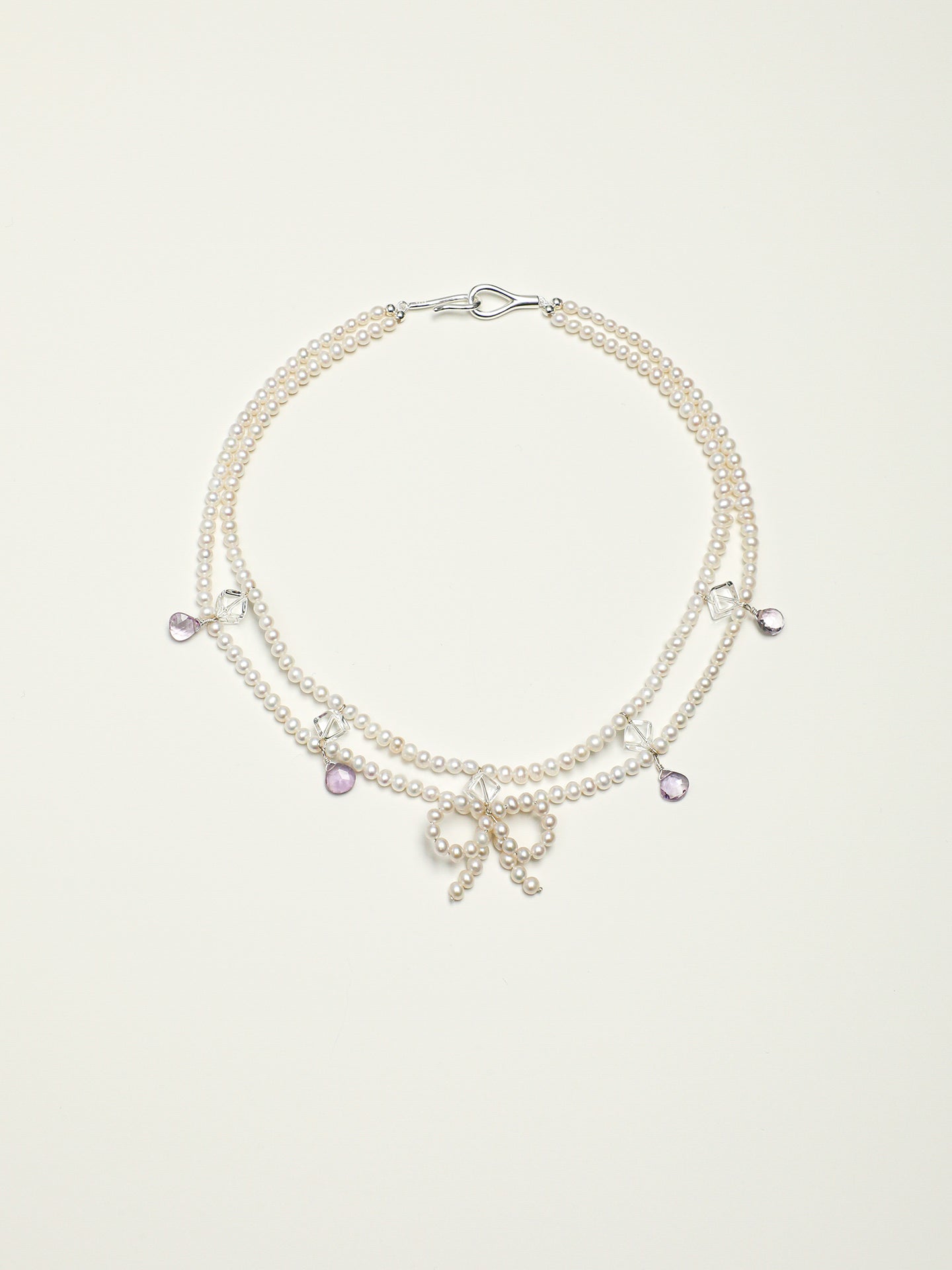 Elegant Princess Pearl Necklace — seed pearls, clear quartz oblique cubes, amethy... | SENLORE