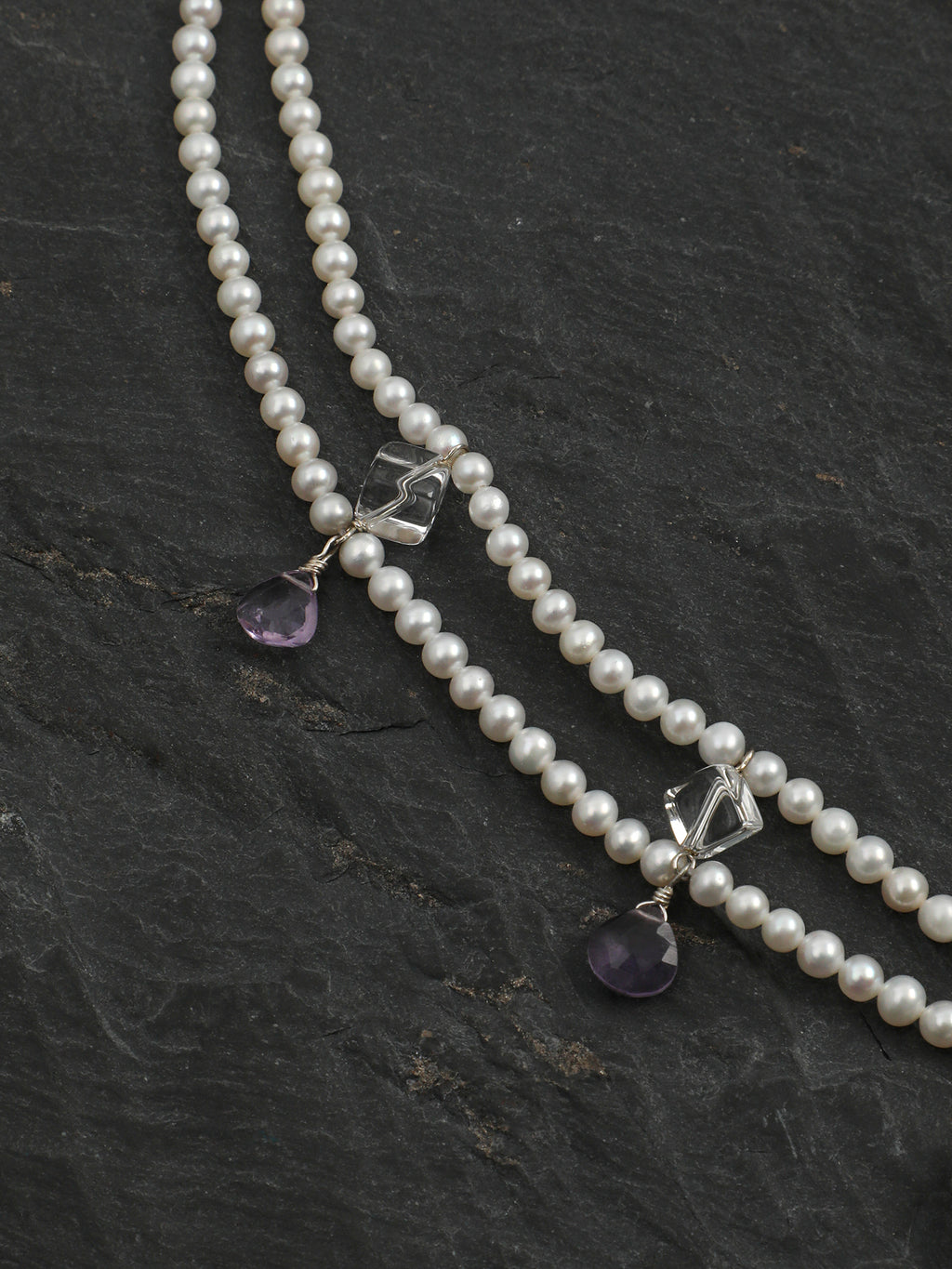 Elegant Princess Pearl Necklace — seed pearls, clear quartz oblique cubes, amethy... | SENLORE