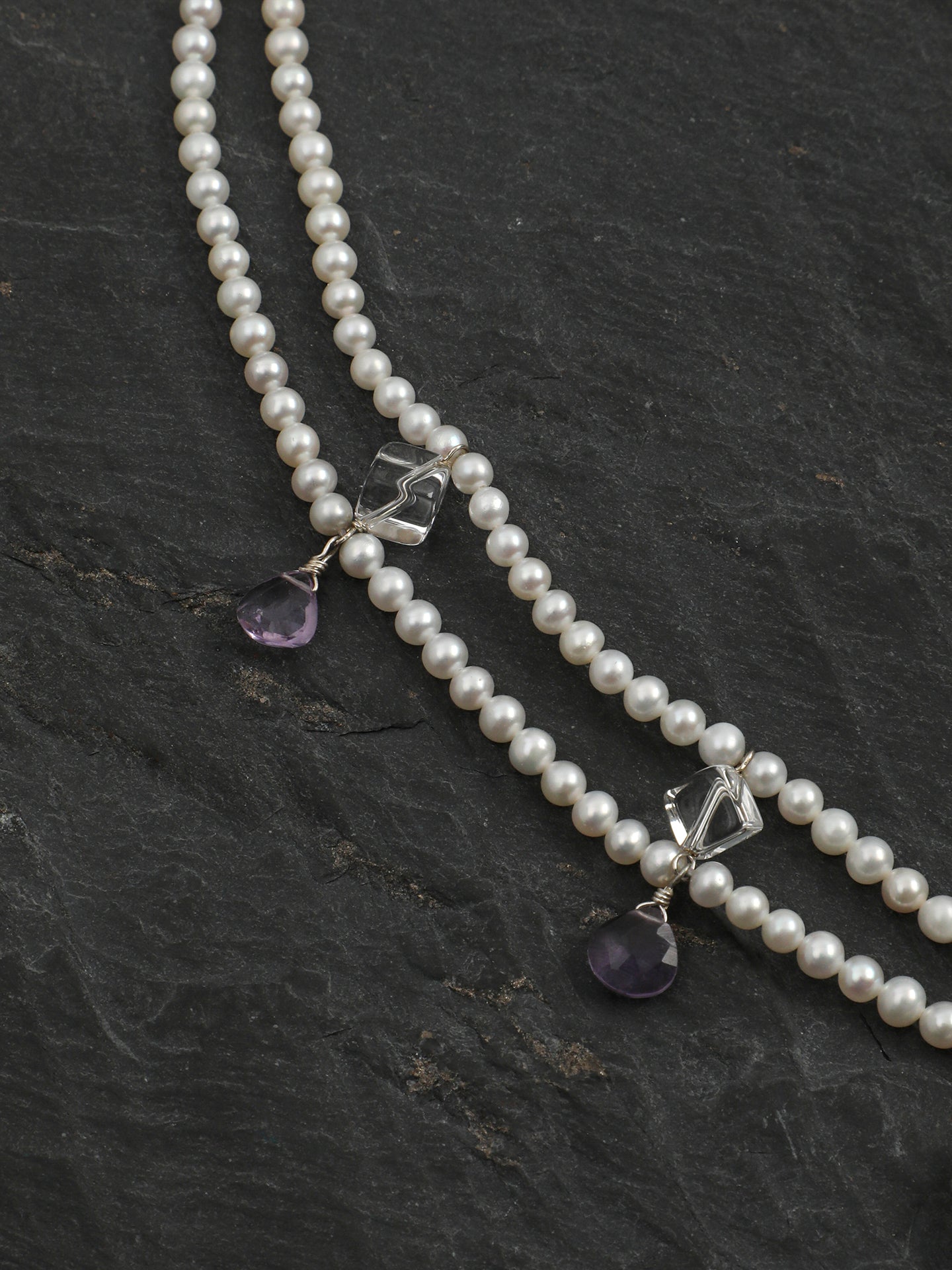Elegant Princess Pearl Necklace — seed pearls, clear quartz oblique cubes, amethy... | SENLORE