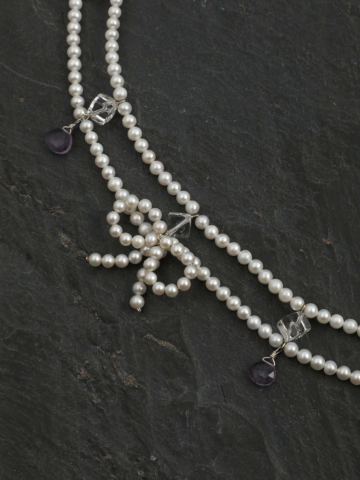 Elegant Princess Pearl Necklace — seed pearls, clear quartz oblique cubes, amethy... | SENLORE
