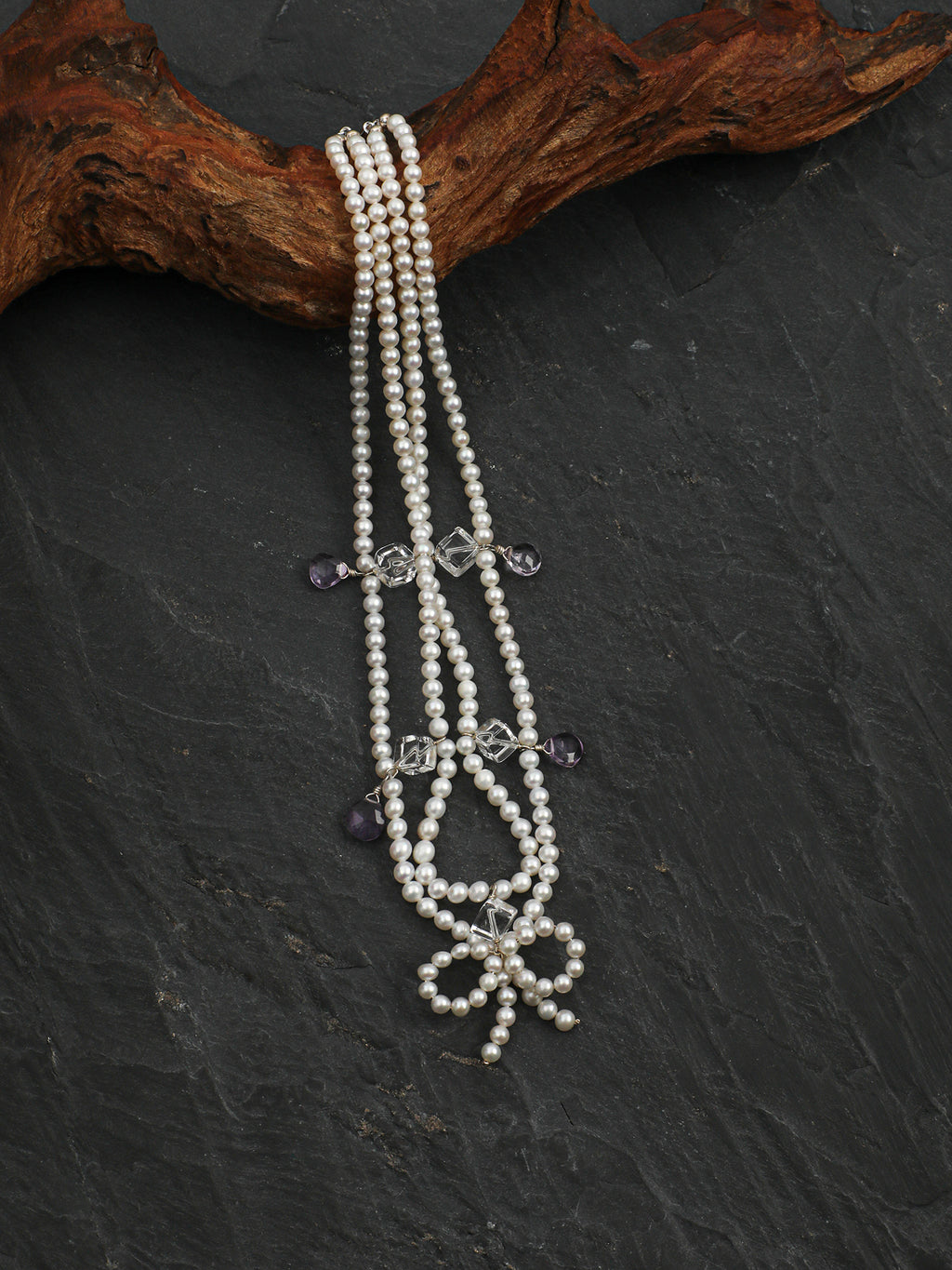 Elegant Princess Pearl Necklace — seed pearls, clear quartz oblique cubes, amethy... | SENLORE