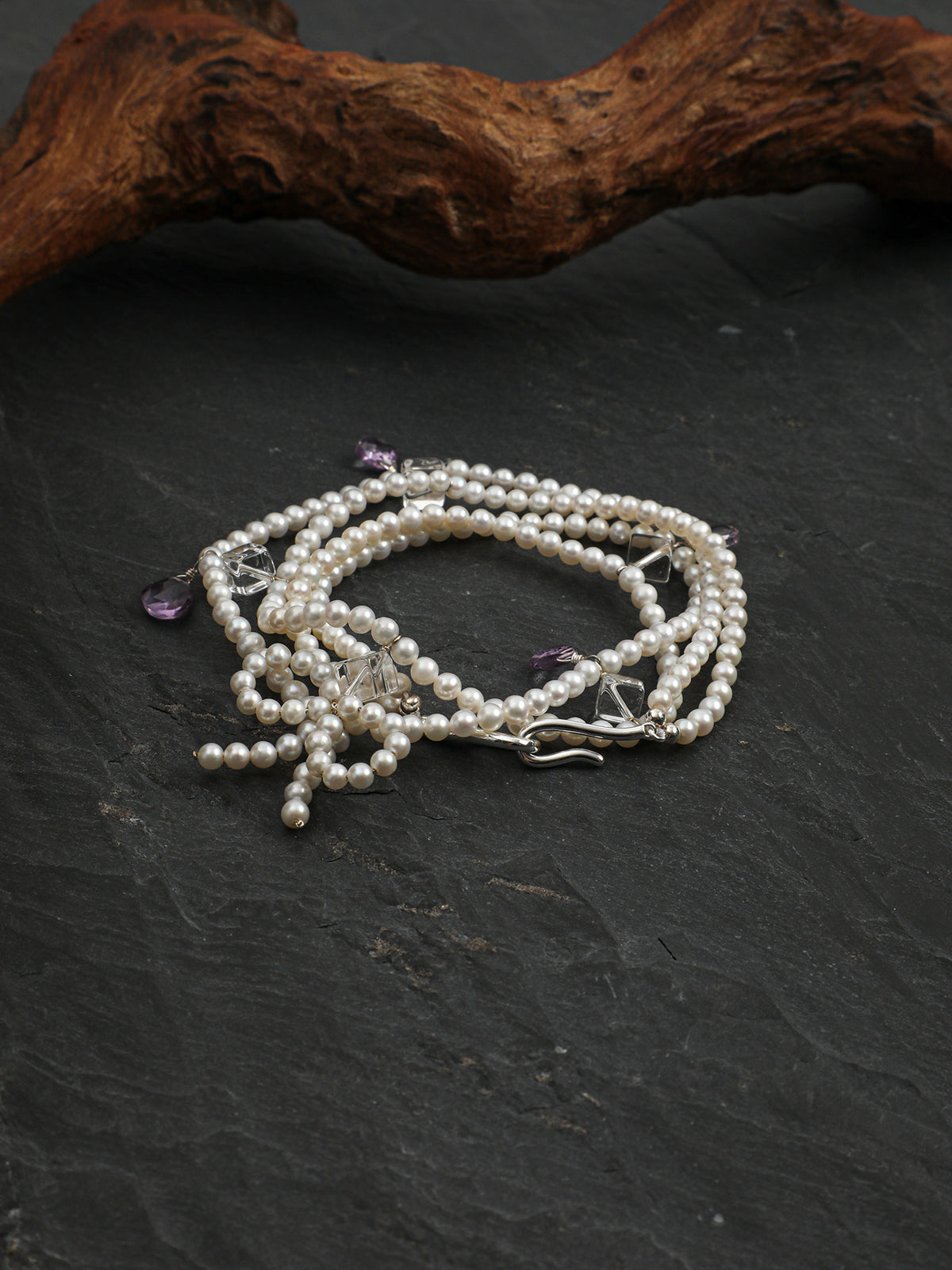Elegant Princess Pearl Necklace — seed pearls, clear quartz oblique cubes, amethy... | SENLORE