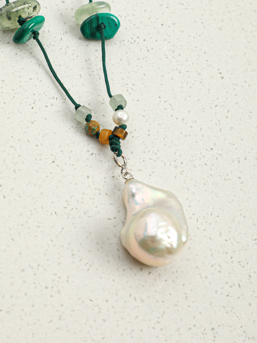 Forest Whisper Baroque Necklace — large baroque pearl & malachite chip & S925 Sterling Silver | SENLORE