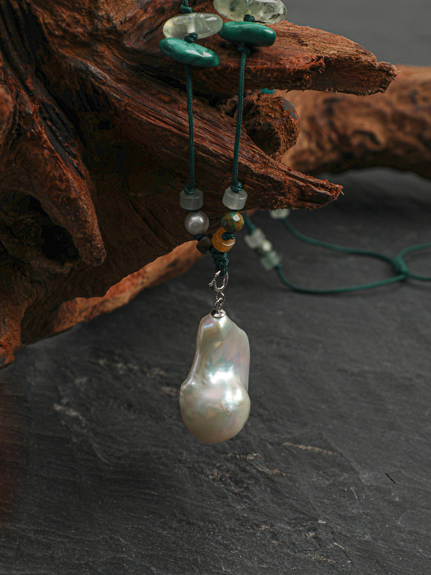 Forest Whisper Baroque Necklace — large baroque pearl & malachite chip & S925 Sterling Silver | SENLORE