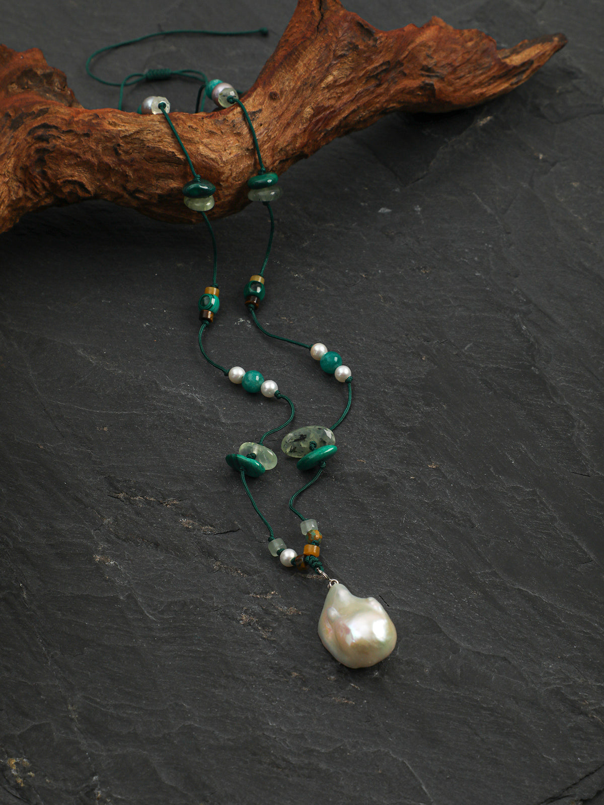 Forest Whisper Baroque Necklace — large baroque pearl & malachite chip & S925 Sterling Silver | SENLORE