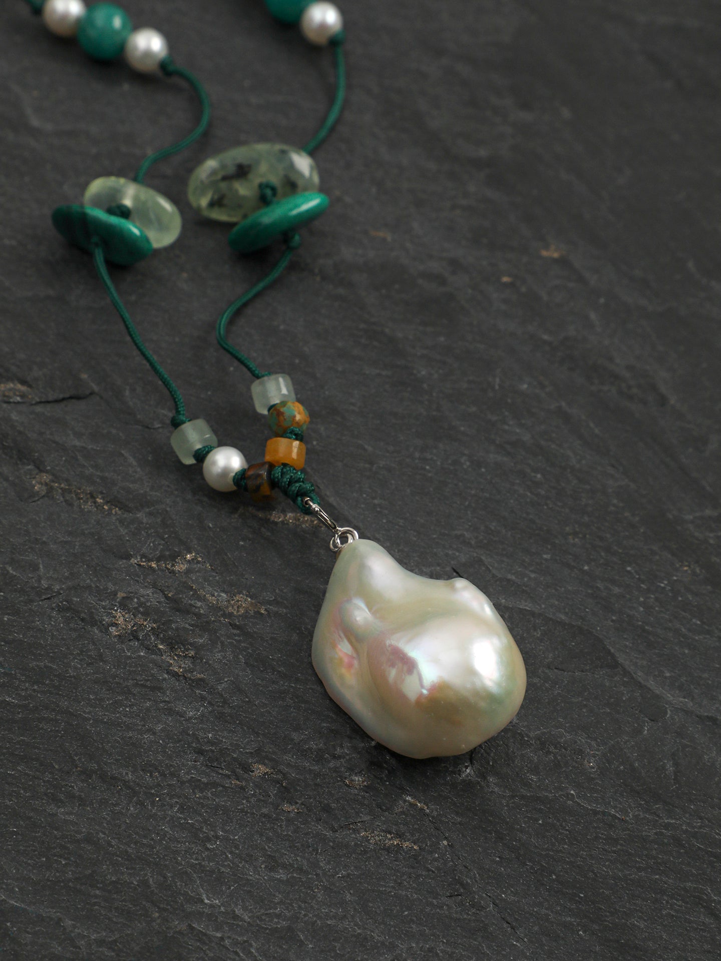 Forest Whisper Baroque Necklace — large baroque pearl & malachite chip & S925 Sterling Silver | SENLORE