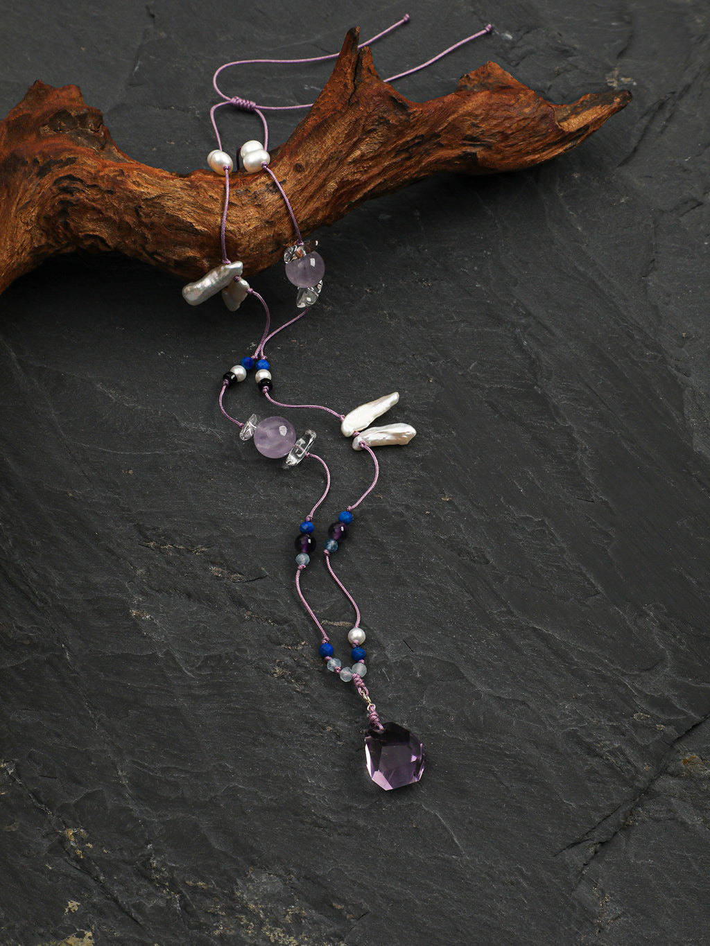 Teardrop Amethyst Necklace — amethyst, clear quartz, lapis lazuli, freshwate... | SENLORE