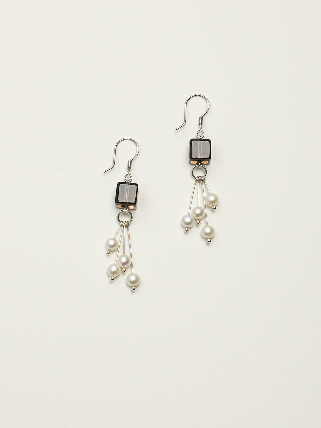 Square Smoky Quartz Pearl Drop Earrings — square smoky quartz, natural freshwater pearl, silve... | SENLORE