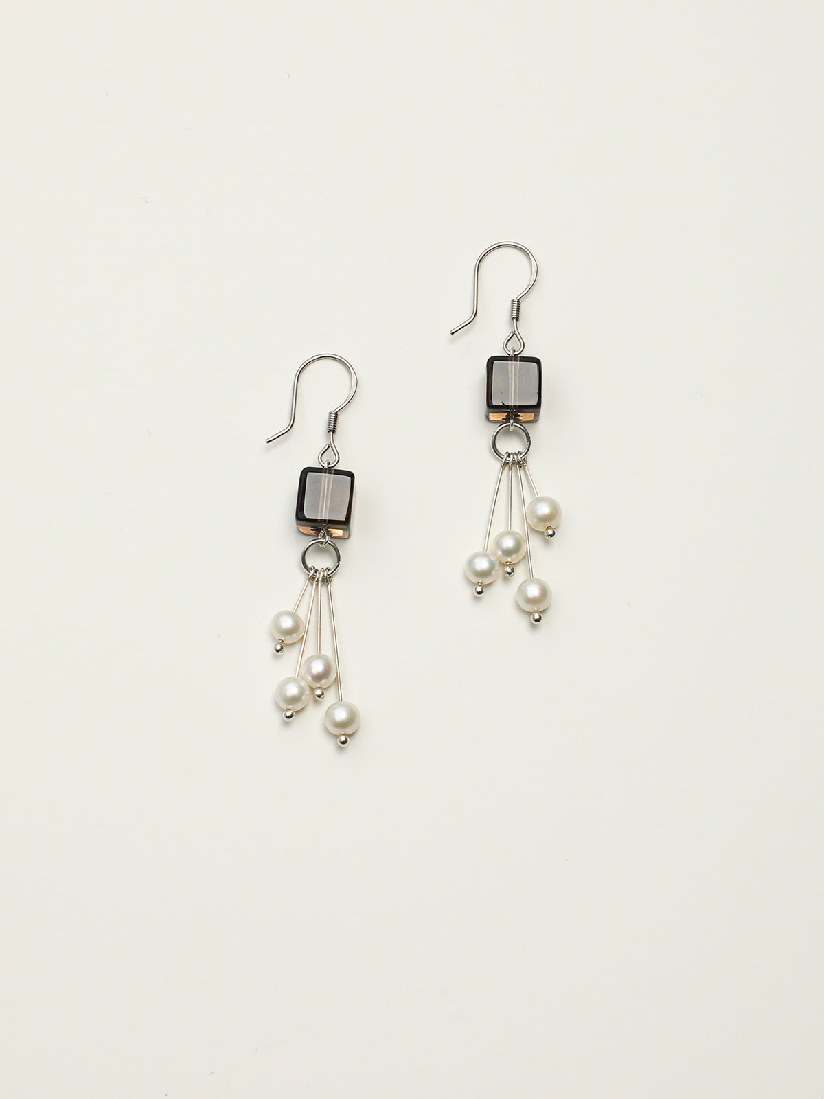 Square Smoky Quartz Pearl Drop Earrings — square smoky quartz, natural freshwater pearl, silve... | SENLORE