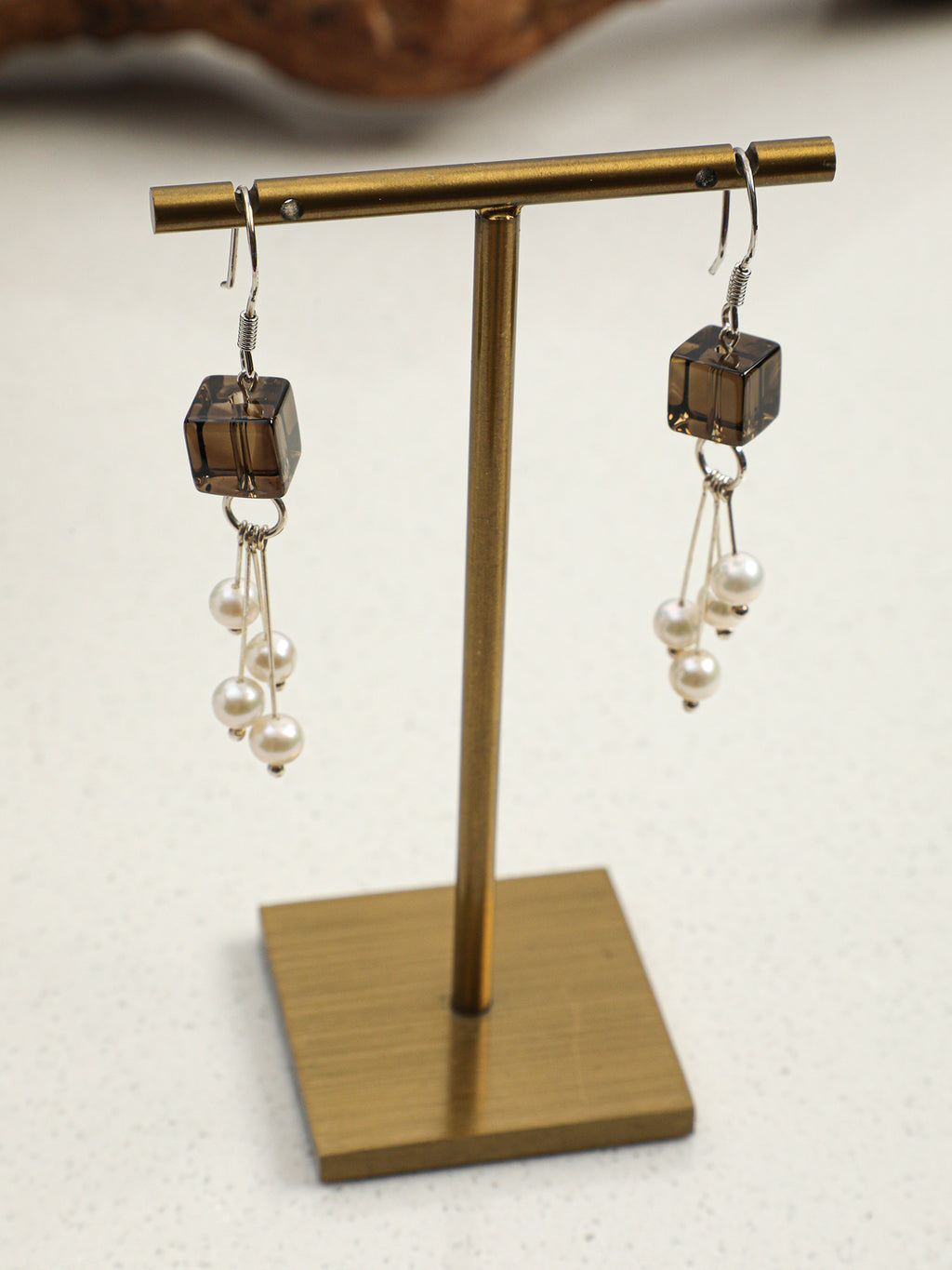 Square Smoky Quartz Pearl Drop Earrings — square smoky quartz, natural freshwater pearl, silve... | SENLORE