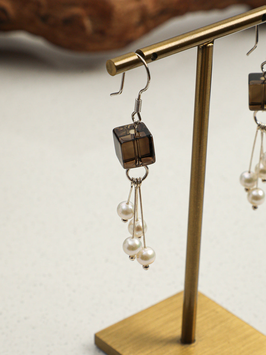 Square Smoky Quartz Pearl Drop Earrings — square smoky quartz, natural freshwater pearl, silve... | SENLORE