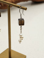 Square Smoky Quartz Pearl Drop Earrings — square smoky quartz, natural freshwater pearl, silve... | SENLORE