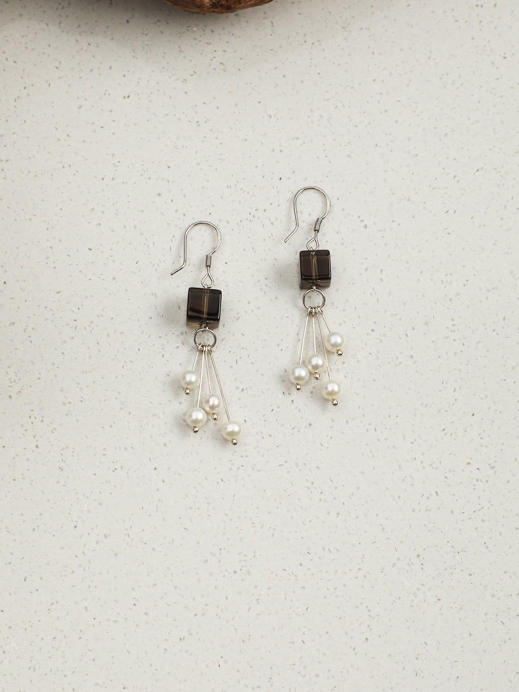 Square Smoky Quartz Pearl Drop Earrings — square smoky quartz, natural freshwater pearl, silve... | SENLORE