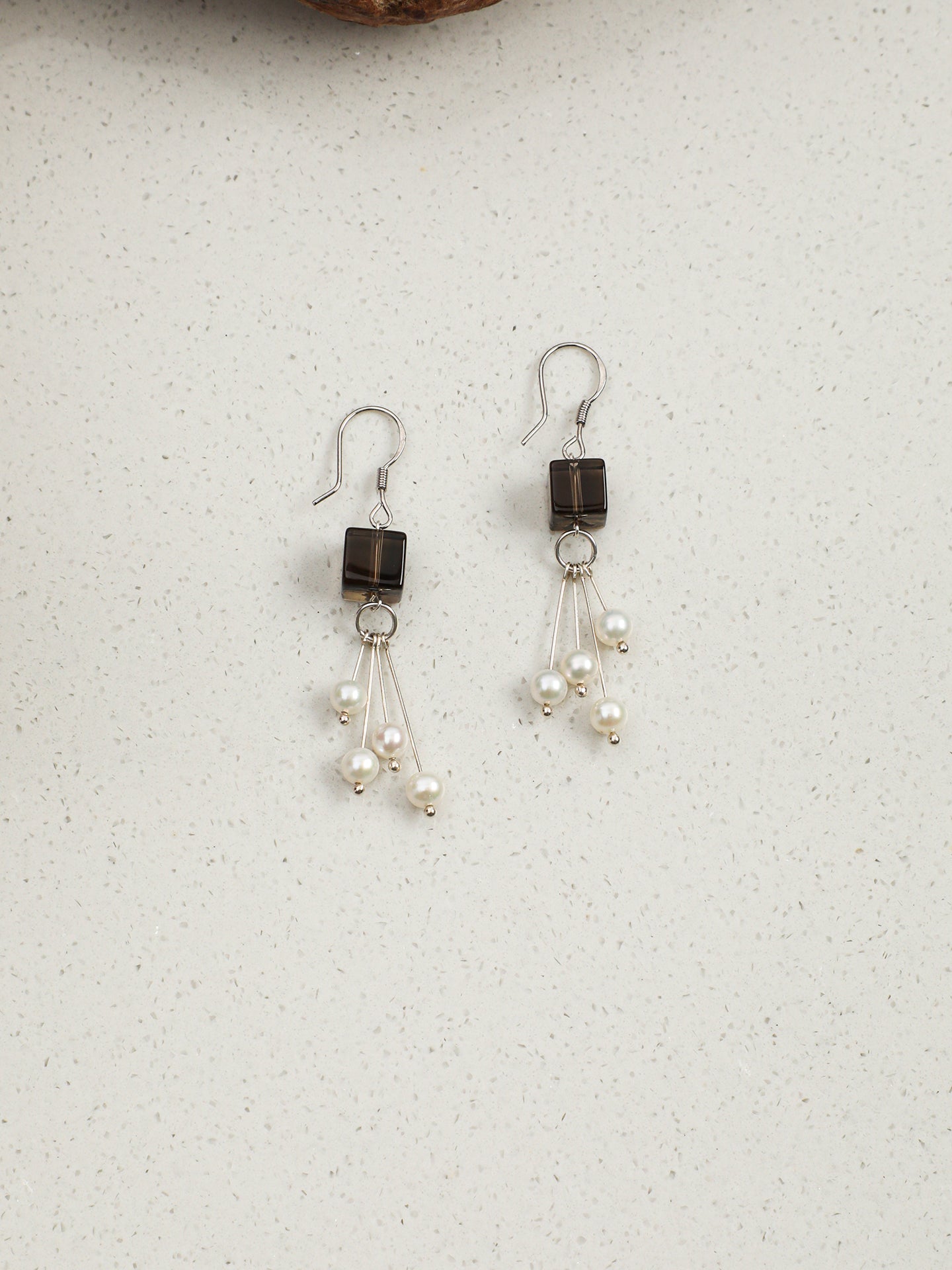 Square Smoky Quartz Pearl Drop Earrings — square smoky quartz, natural freshwater pearl, silve... | SENLORE