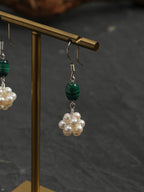 Hydrangea Malachite Pearl Earrings — malachite seed bead & tiny seed pearl & S925 Sterling Silver | SENLORE