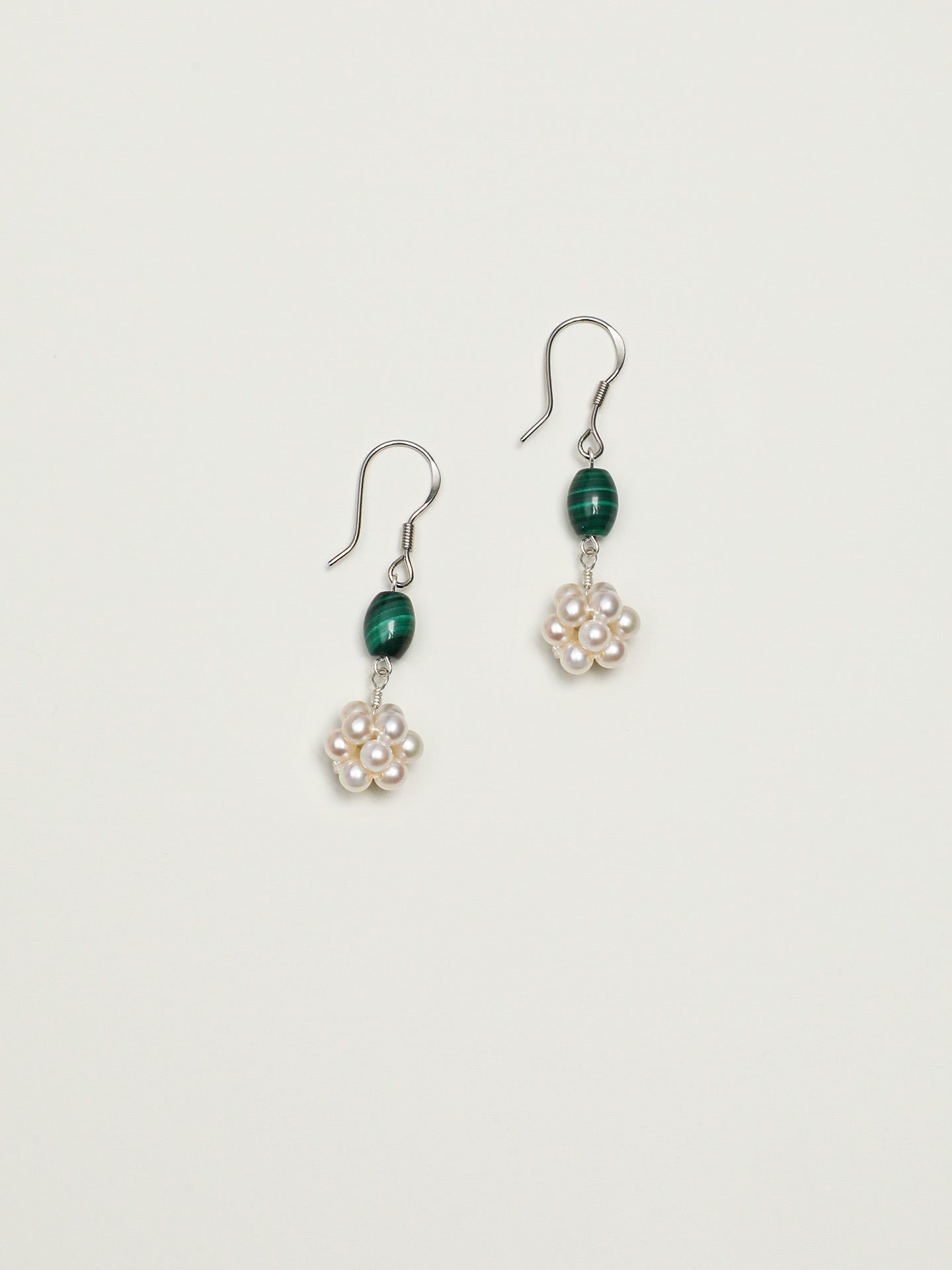 Hydrangea Malachite Pearl Earrings — malachite seed bead & tiny seed pearl & S925 Sterling Silver | SENLORE
