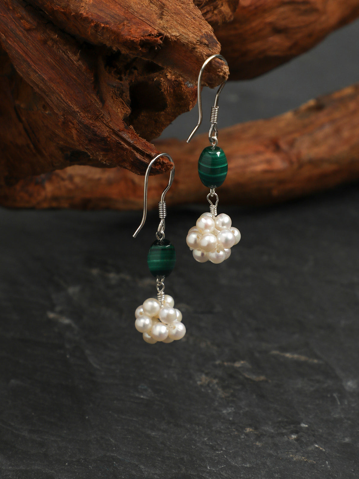 Hydrangea Malachite Pearl Earrings — malachite seed bead & tiny seed pearl & S925 Sterling Silver | SENLORE