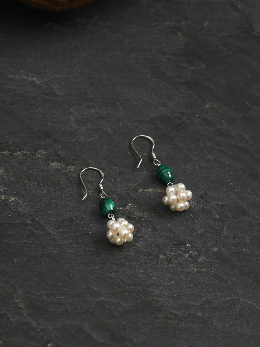 Hydrangea Malachite Pearl Earrings — malachite seed bead & tiny seed pearl & S925 Sterling Silver | SENLORE