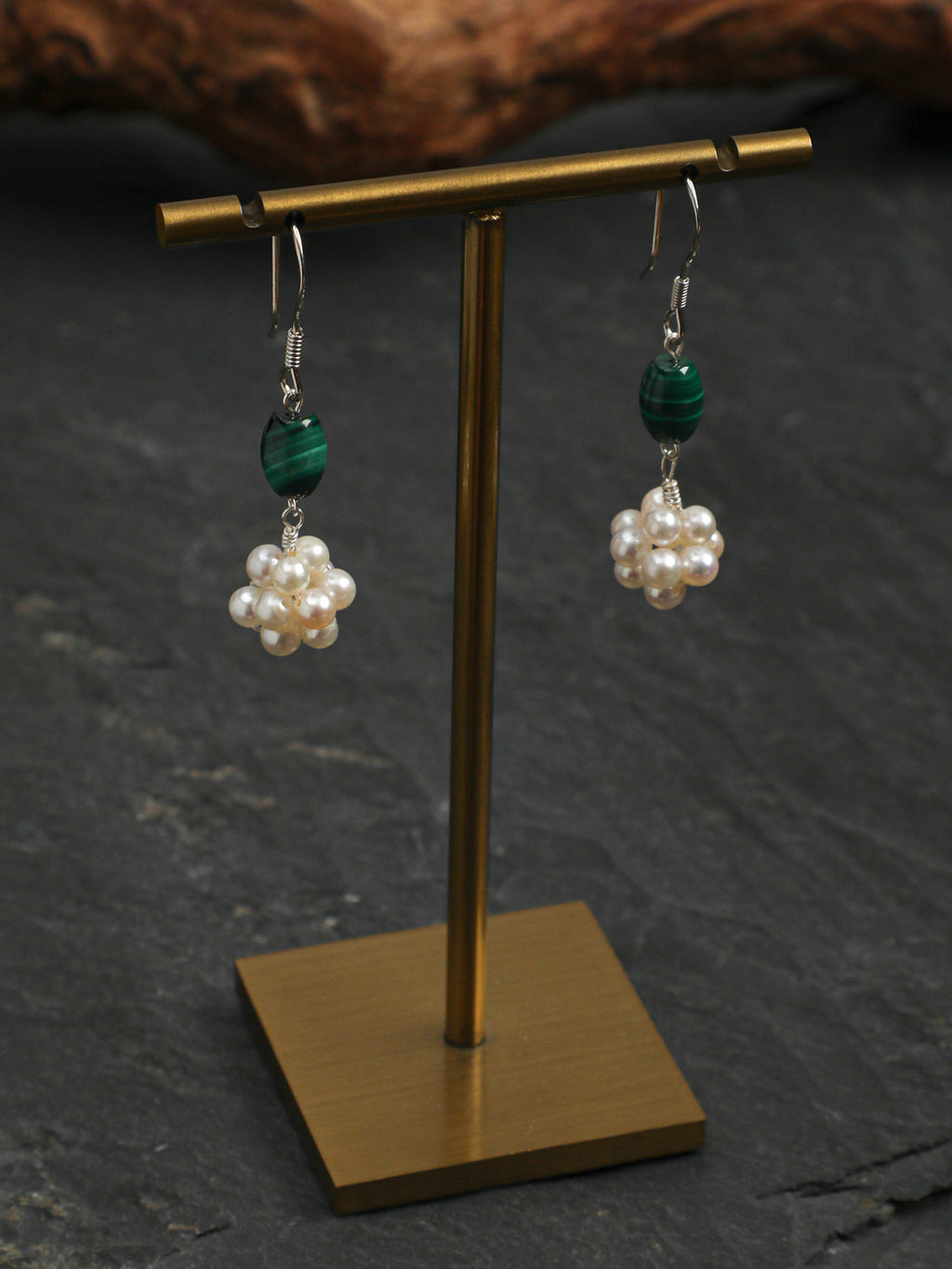 Hydrangea Malachite Pearl Earrings — malachite seed bead & tiny seed pearl & S925 Sterling Silver | SENLORE