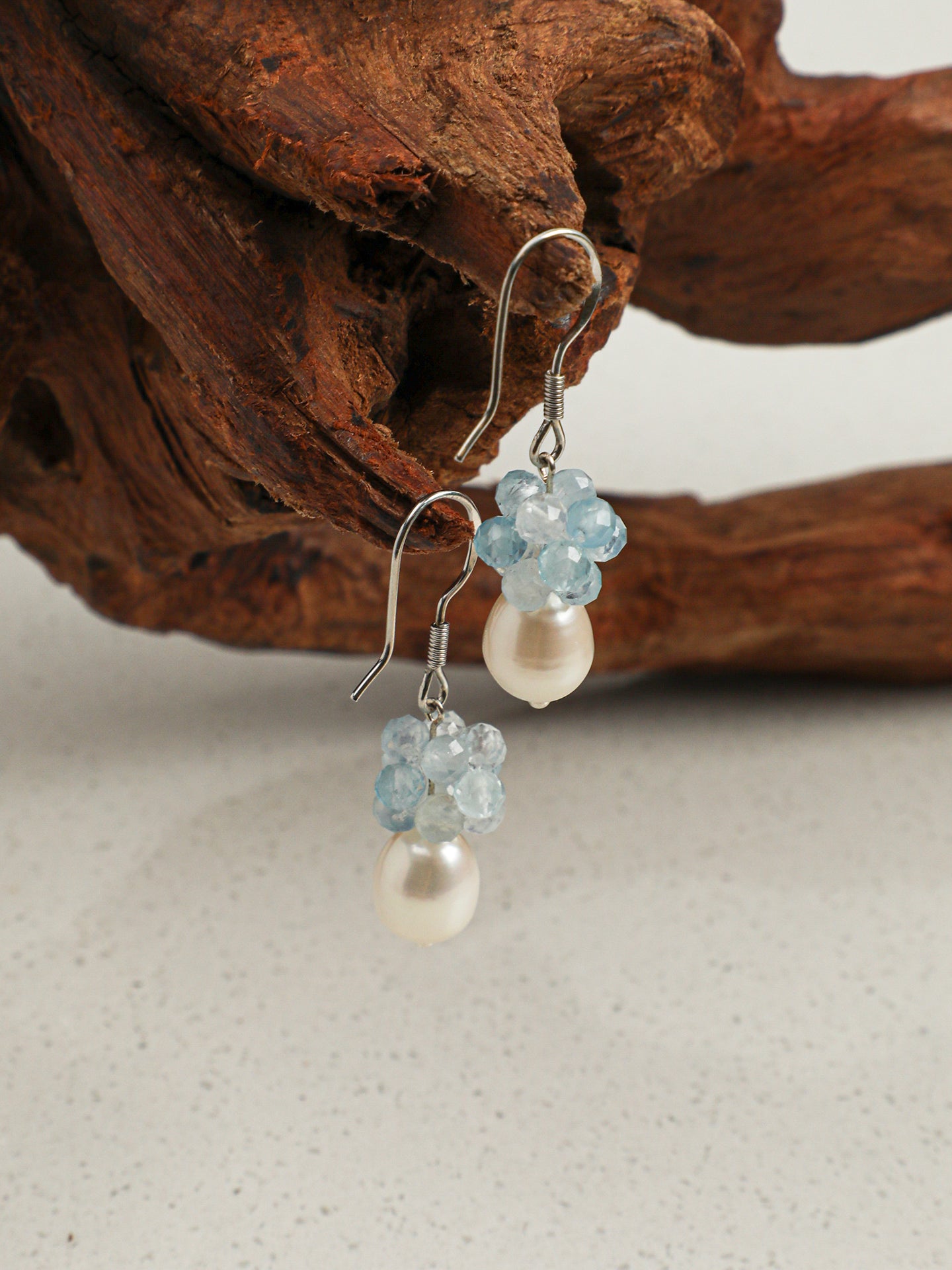 Blue Hydrangea Aquamarine & Pearl Drop Earrings — Aquamarine, Pearl & Sterling Silver | SENLORE
